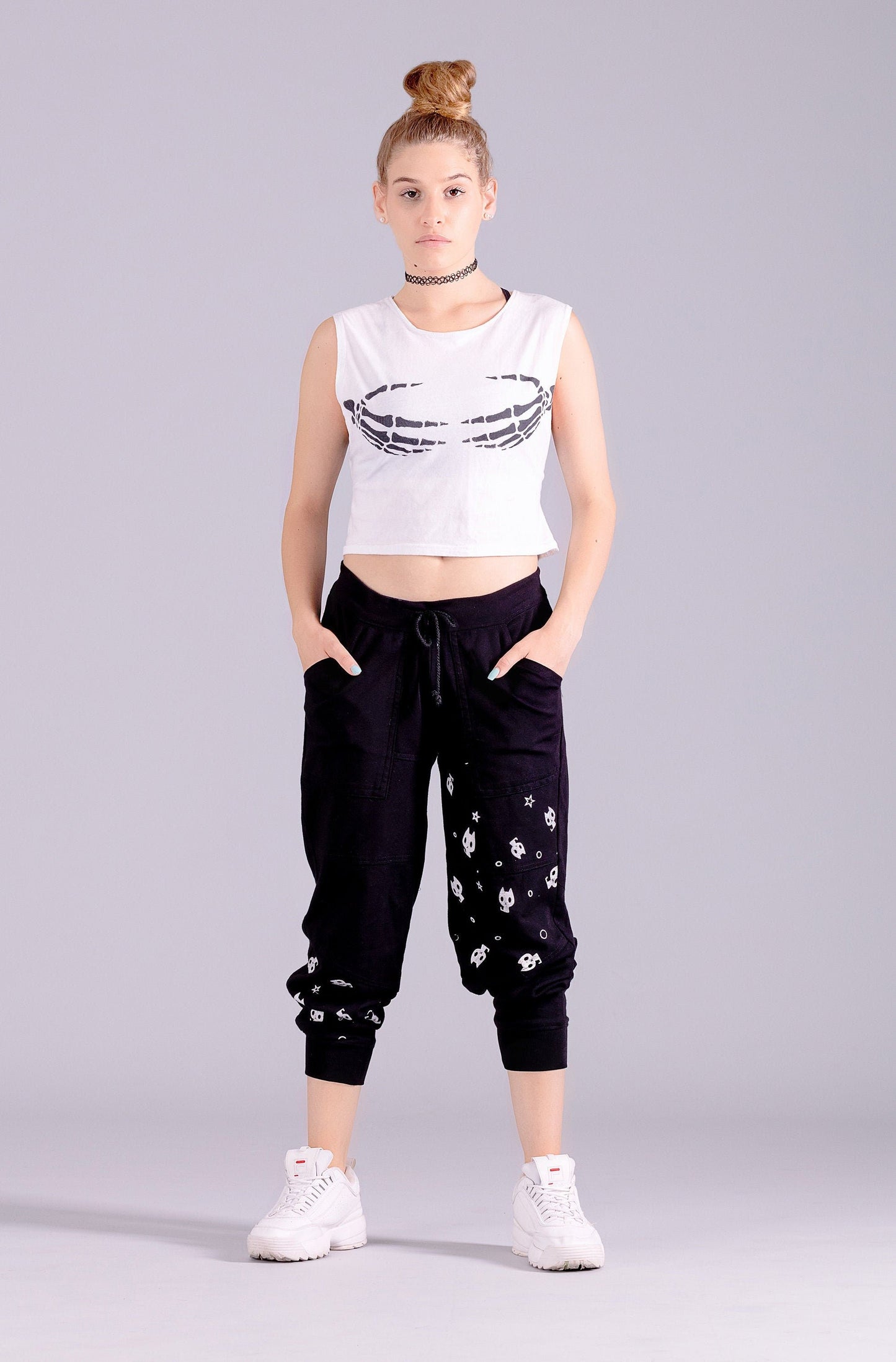 Black relaxed fit paneled joggers |  Unisex X kitty print