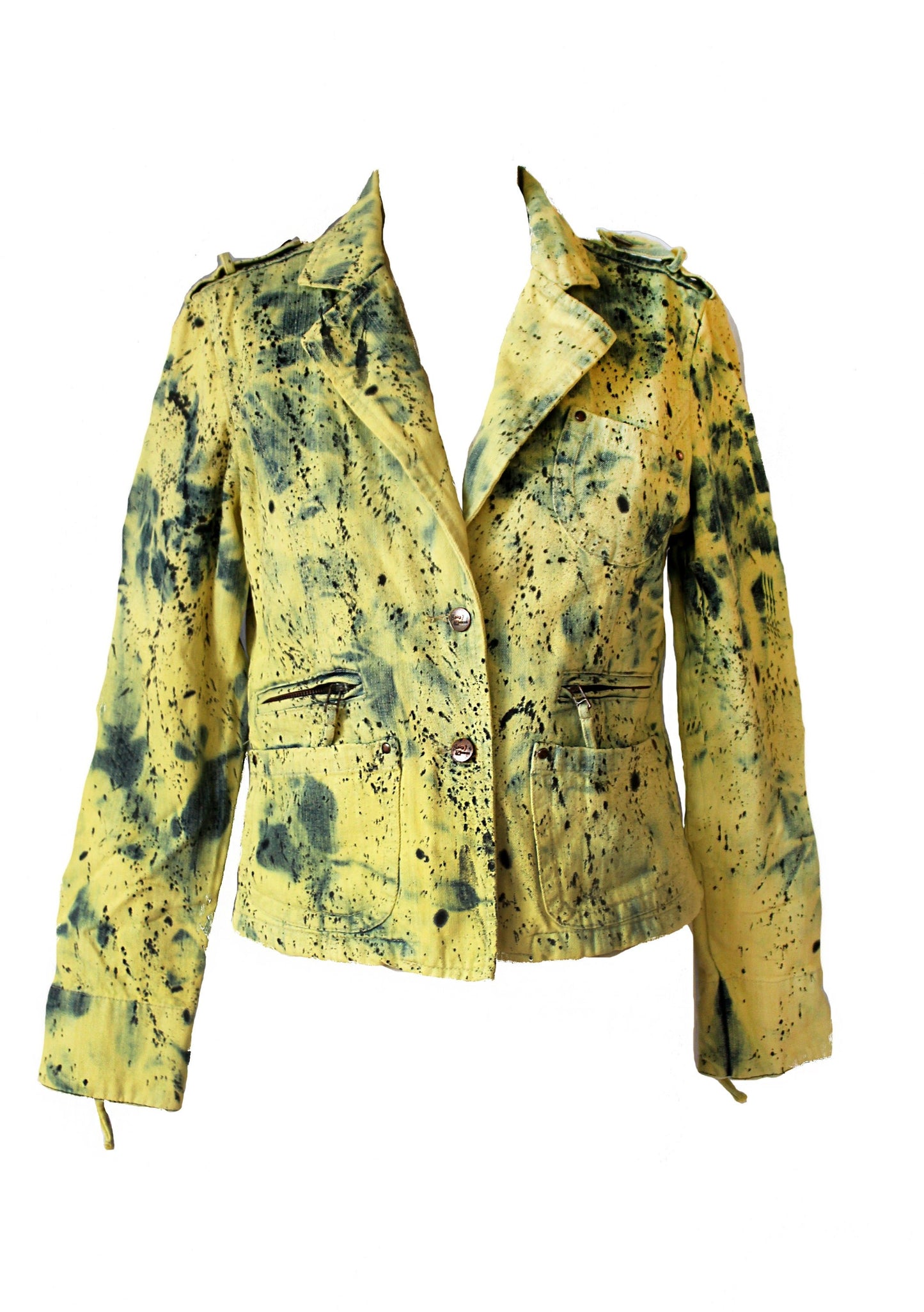 Acid wash yellow & black splatter blazer denim jacket | size L