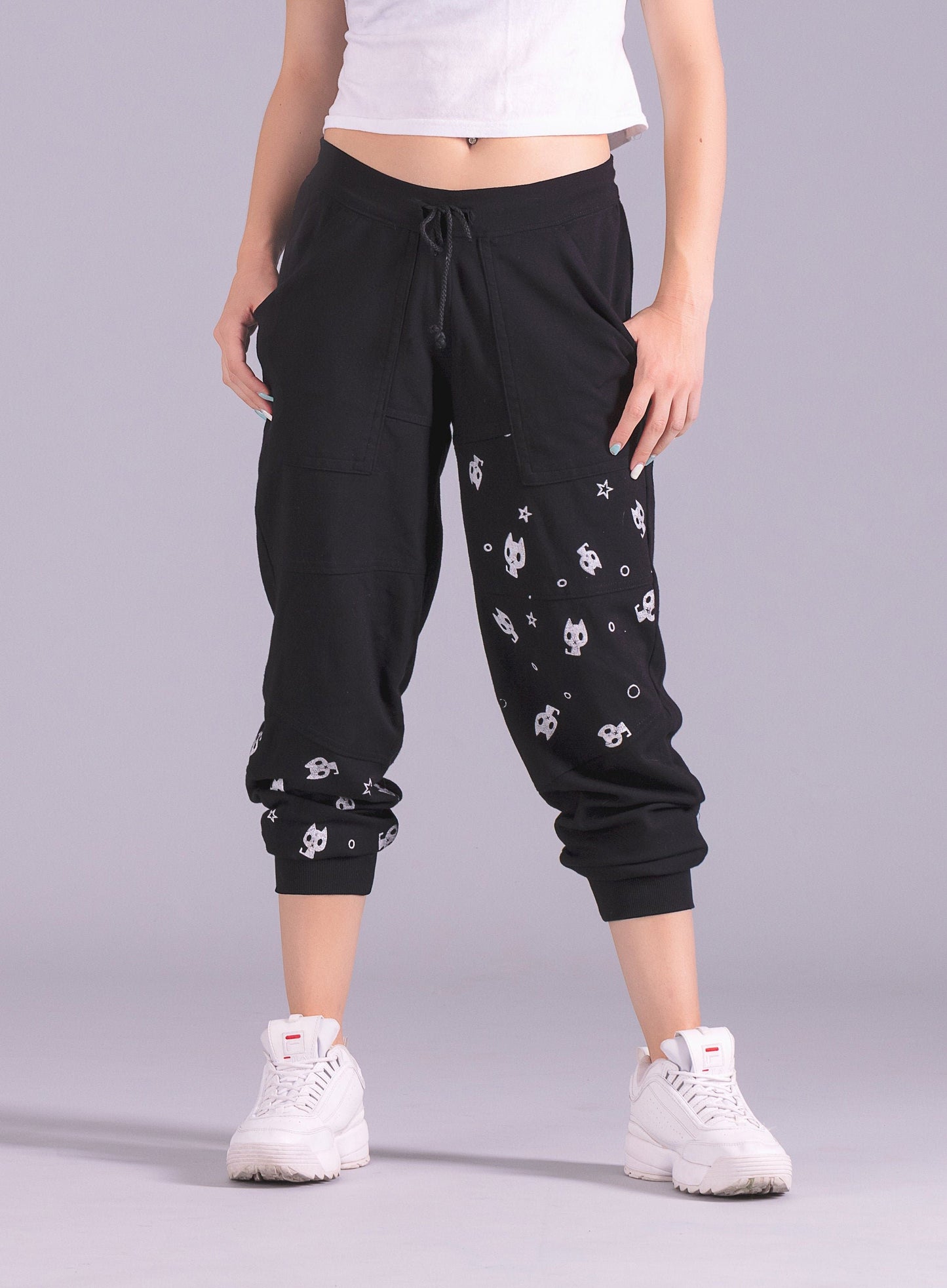 Black relaxed fit paneled joggers |  Unisex X kitty print