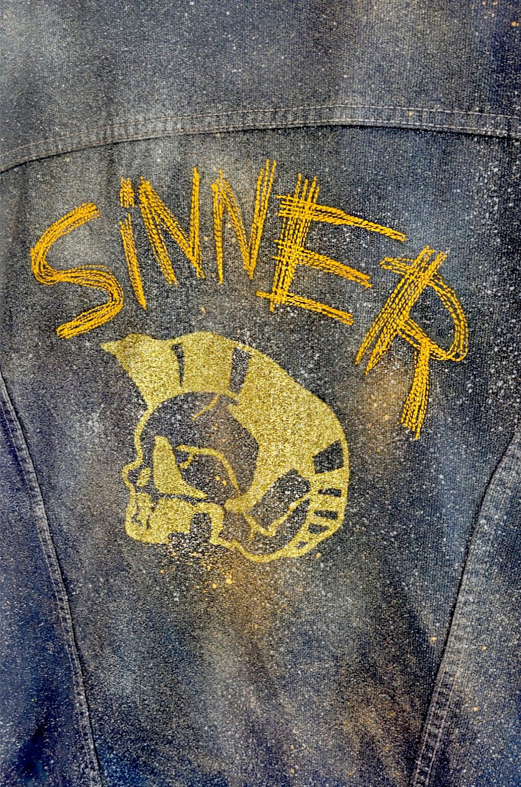 Glitter N Gold Sinner Skull hand painted denim biker vest