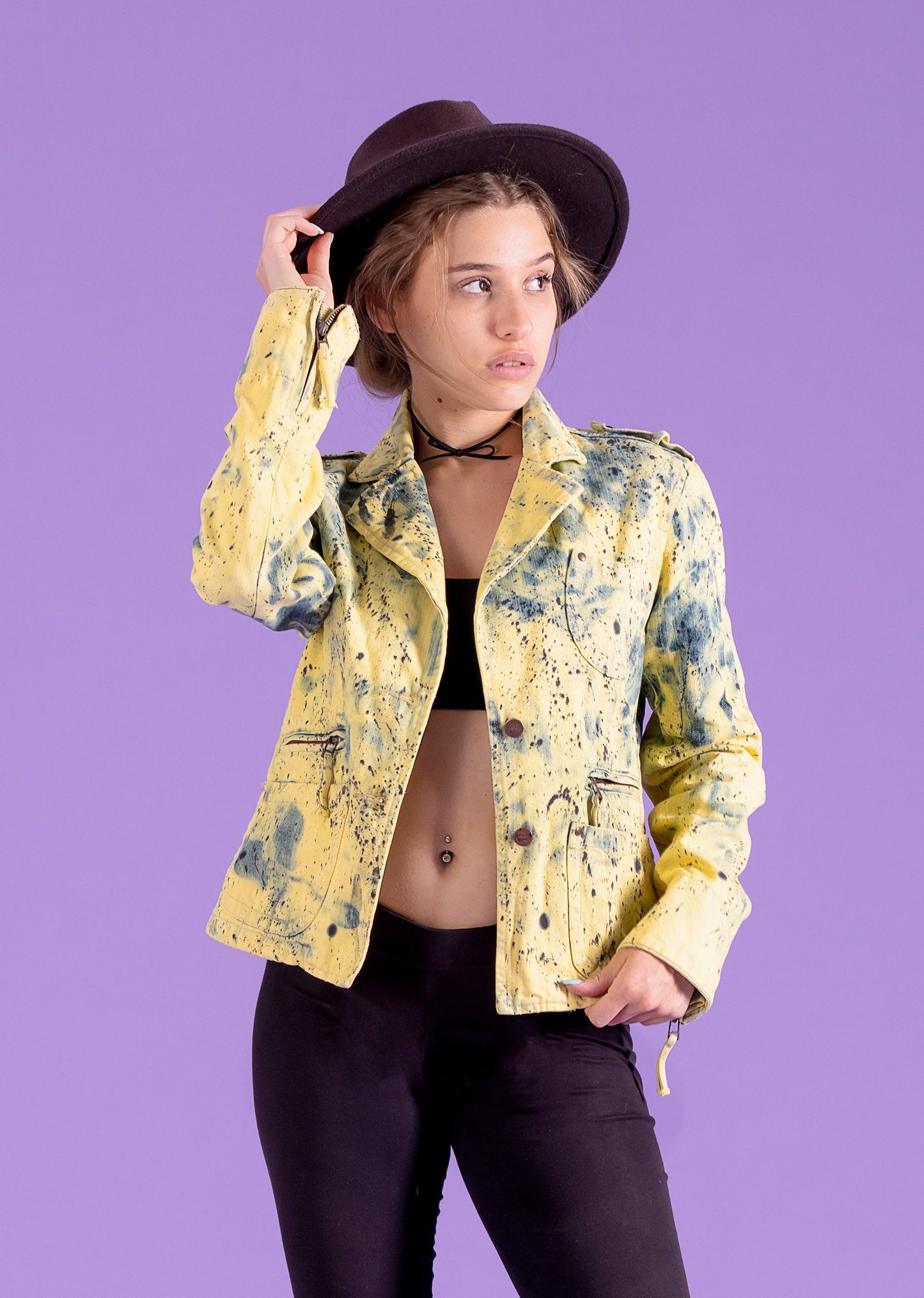 Acid wash yellow & black splatter blazer denim jacket | size L