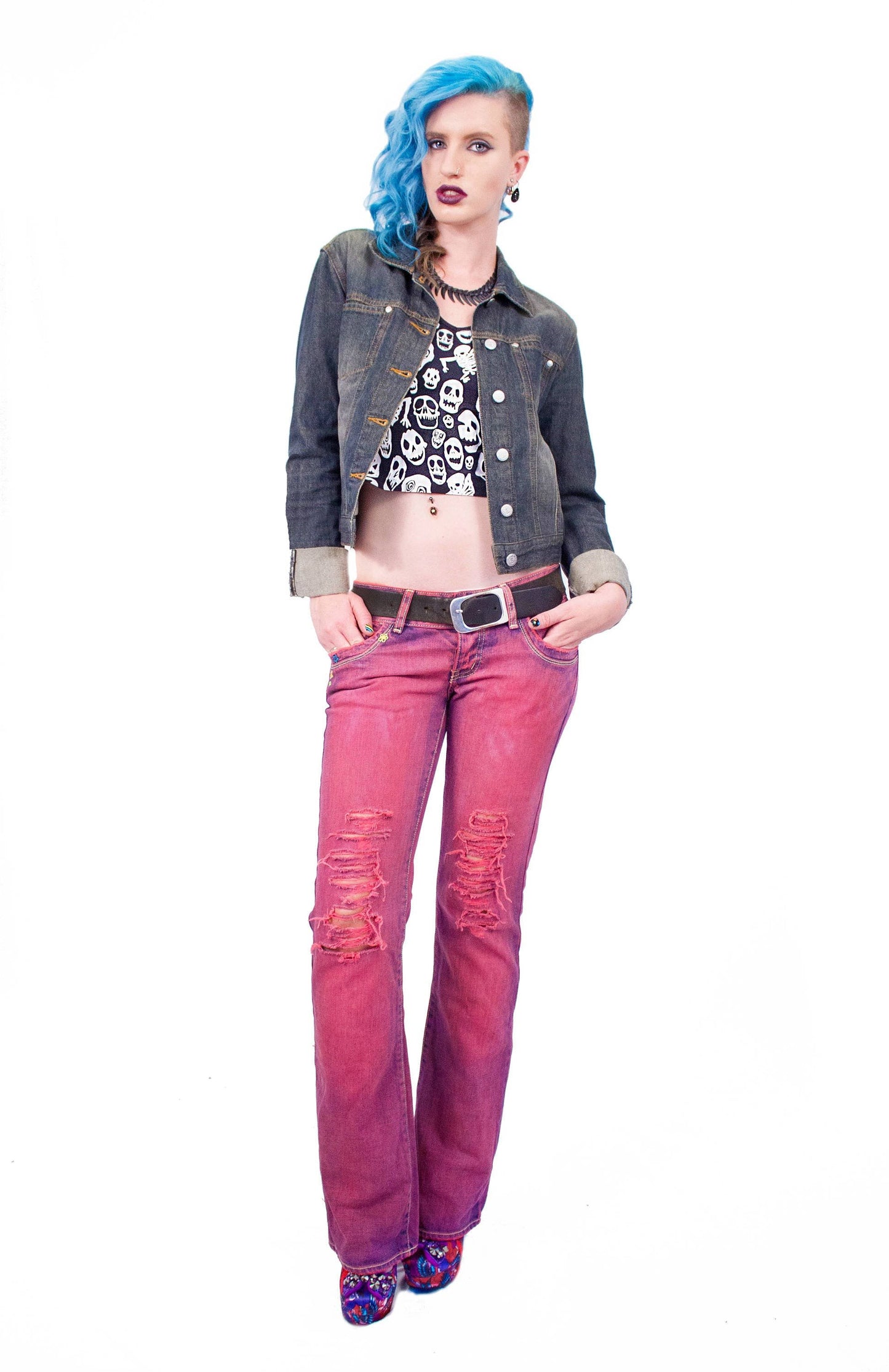 Sugar skull embroidered studded denim jacket |  Size S