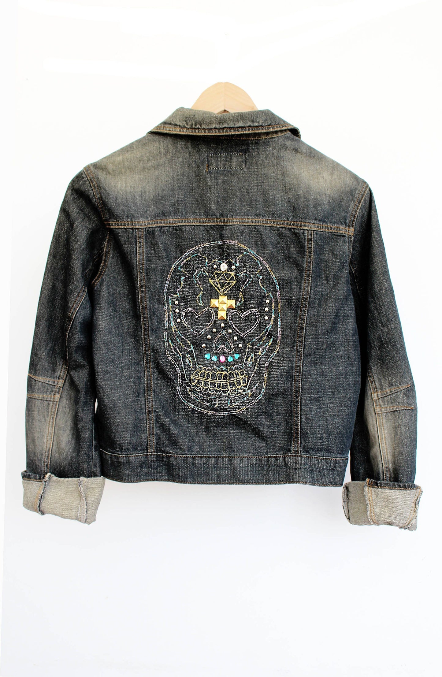 Sugar skull embroidered studded denim jacket |  Size S