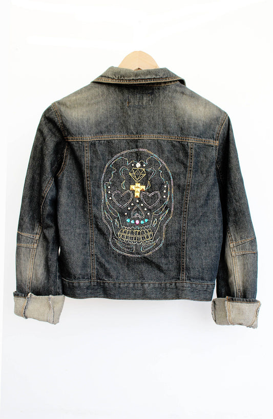 Sugar skull embroidered studded denim jacket |  Size S