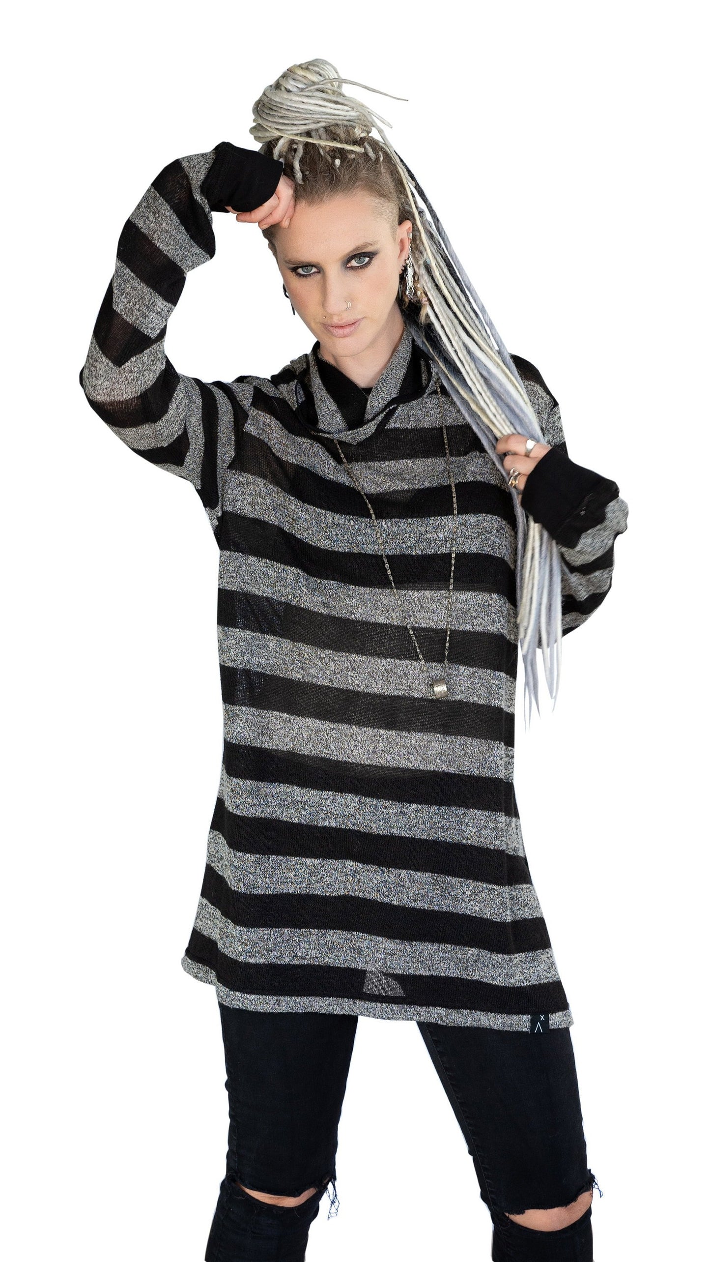 Gray black stripe long sleeve cowl hoodie knit top | Unisex