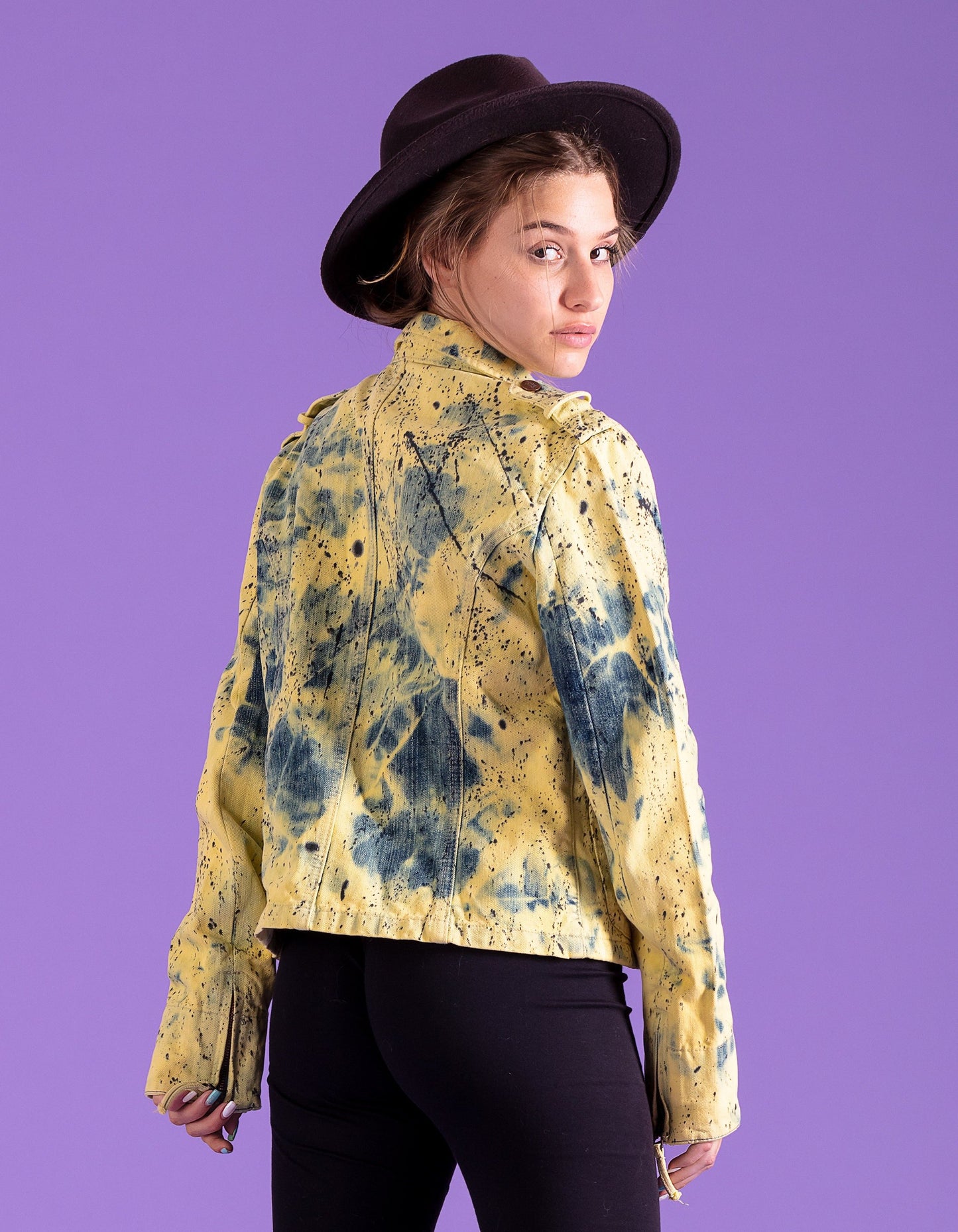 Acid wash yellow & black splatter blazer denim jacket | size L
