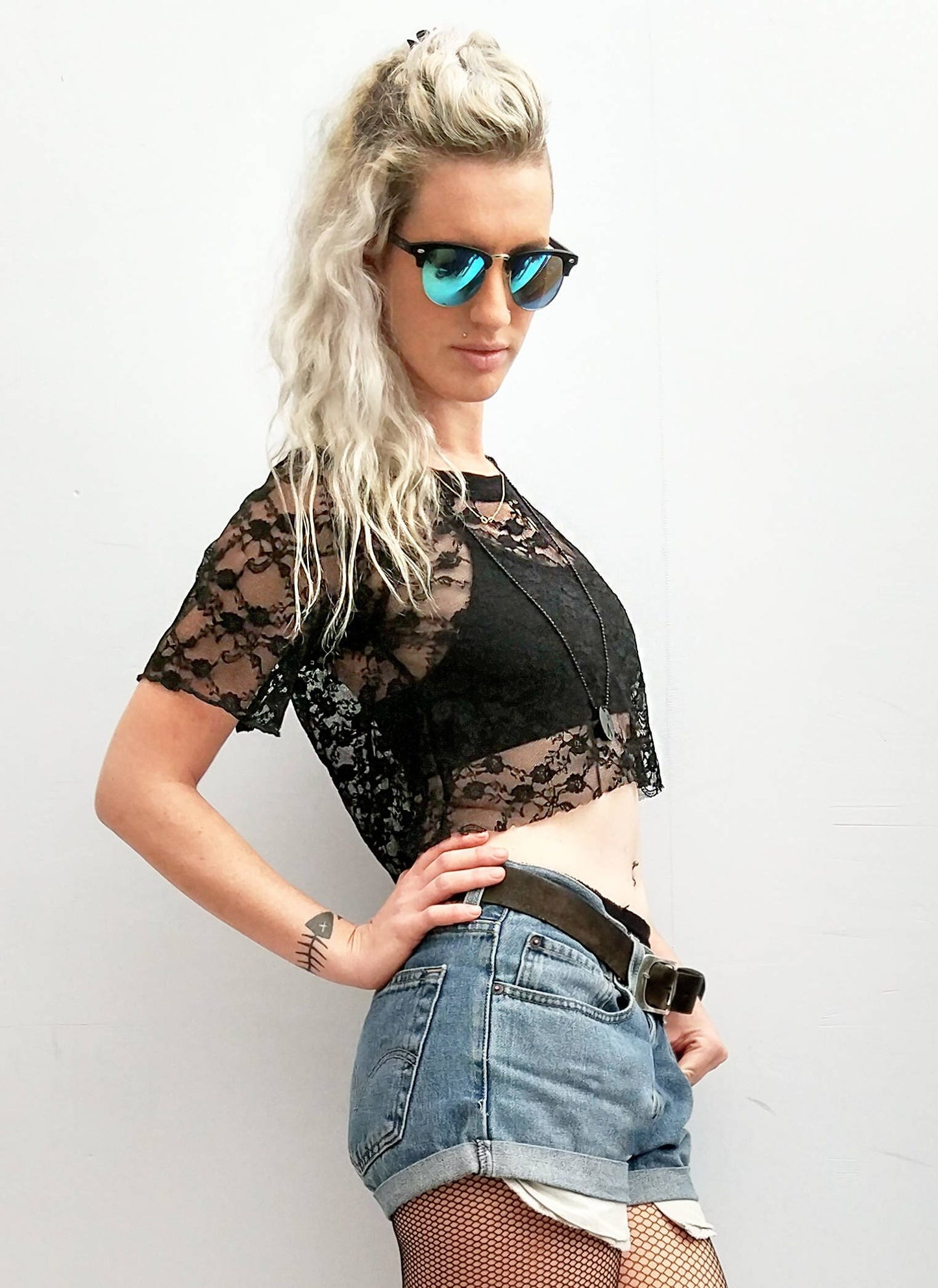 Black relaxed fit lace mesh crop top