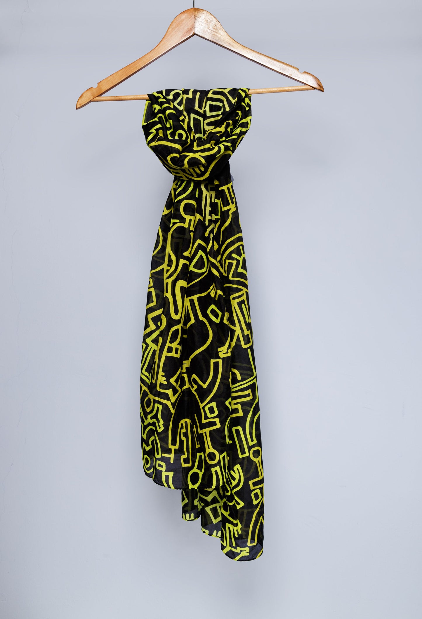 Yellow tribal scribble print cotton silk blend scarf
