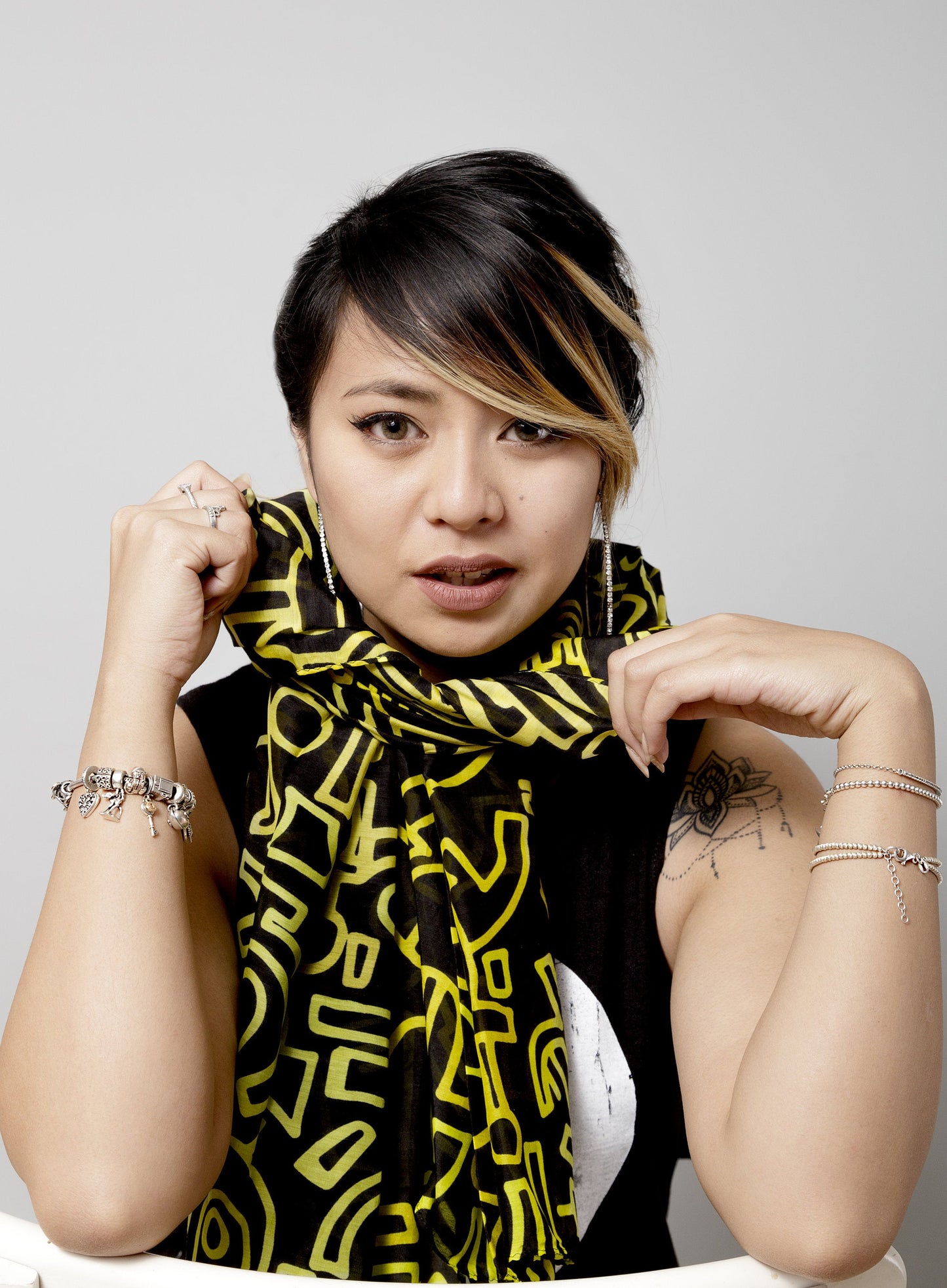 Yellow tribal scribble print cotton silk blend scarf