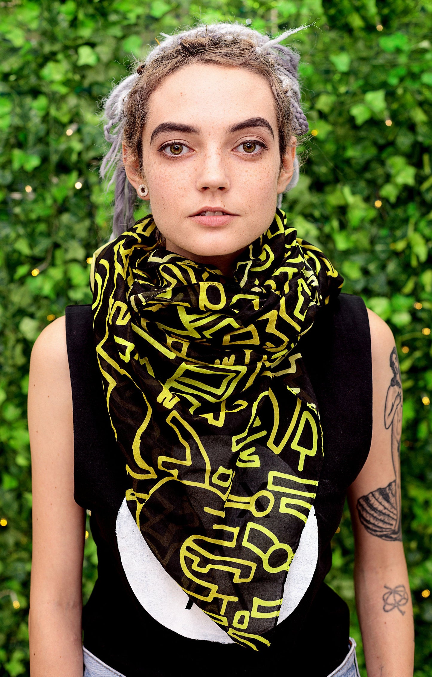 Yellow tribal scribble print cotton silk blend scarf