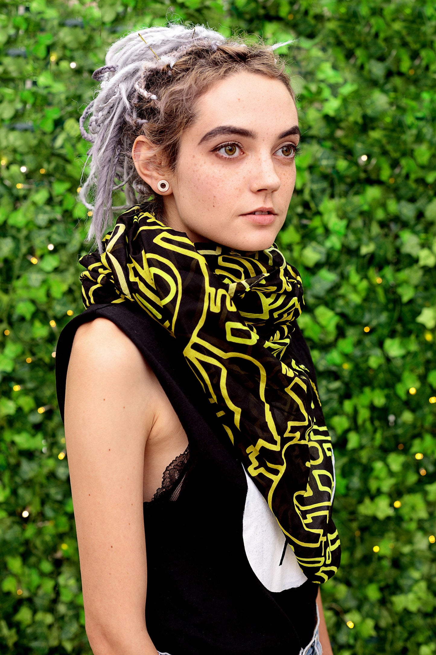 Yellow tribal scribble print cotton silk blend scarf