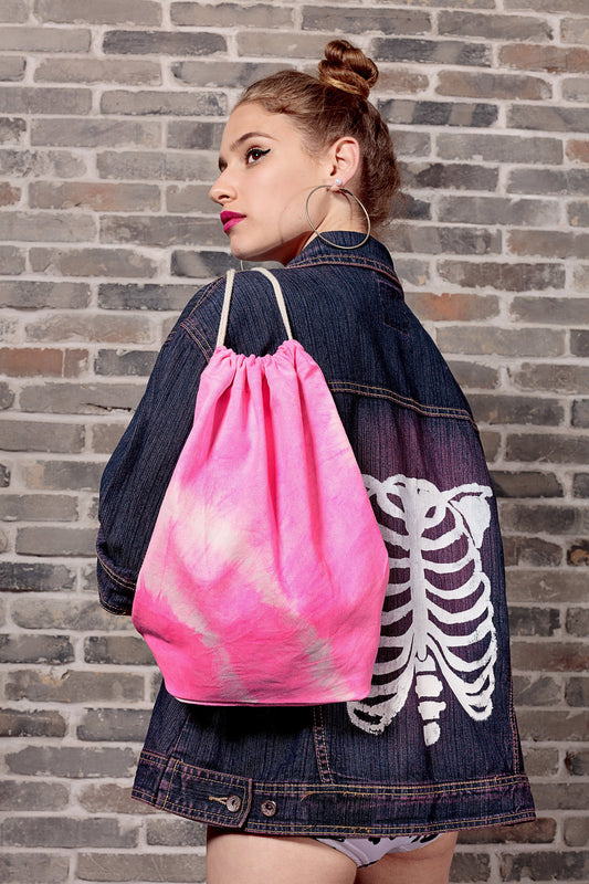 Neon pink tie dye canvas drawstring backpack