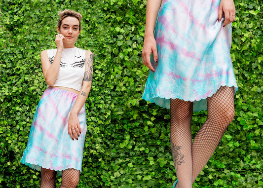 unicorn satin slip skirt in pastel blue pink tie dye