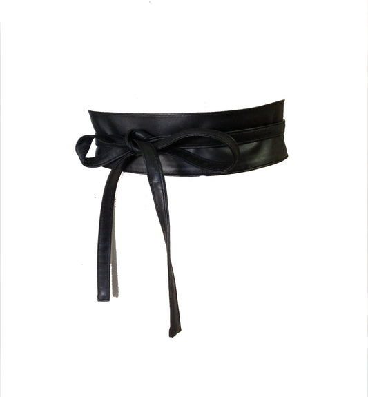 Black obi tie waist vegan leather stretch waist clincher belt