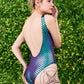 Mermaid print metallic high leg scoop back one piece swimsuit