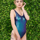 Mermaid print metallic high leg scoop back one piece swimsuit