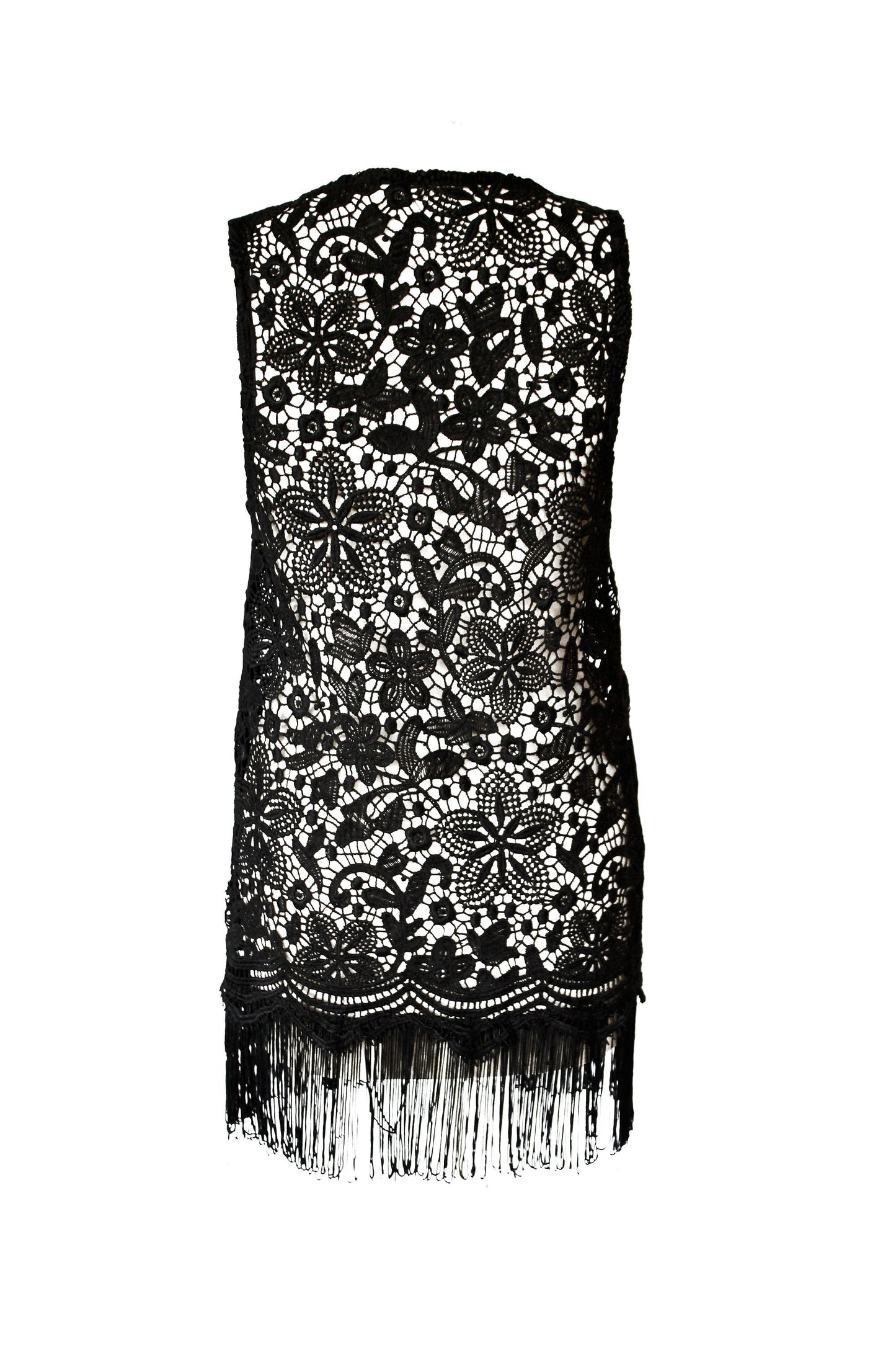 black lace crochet fringe vest boho vest fringed vest burning man vest hippie waistcoat | One size fits all!