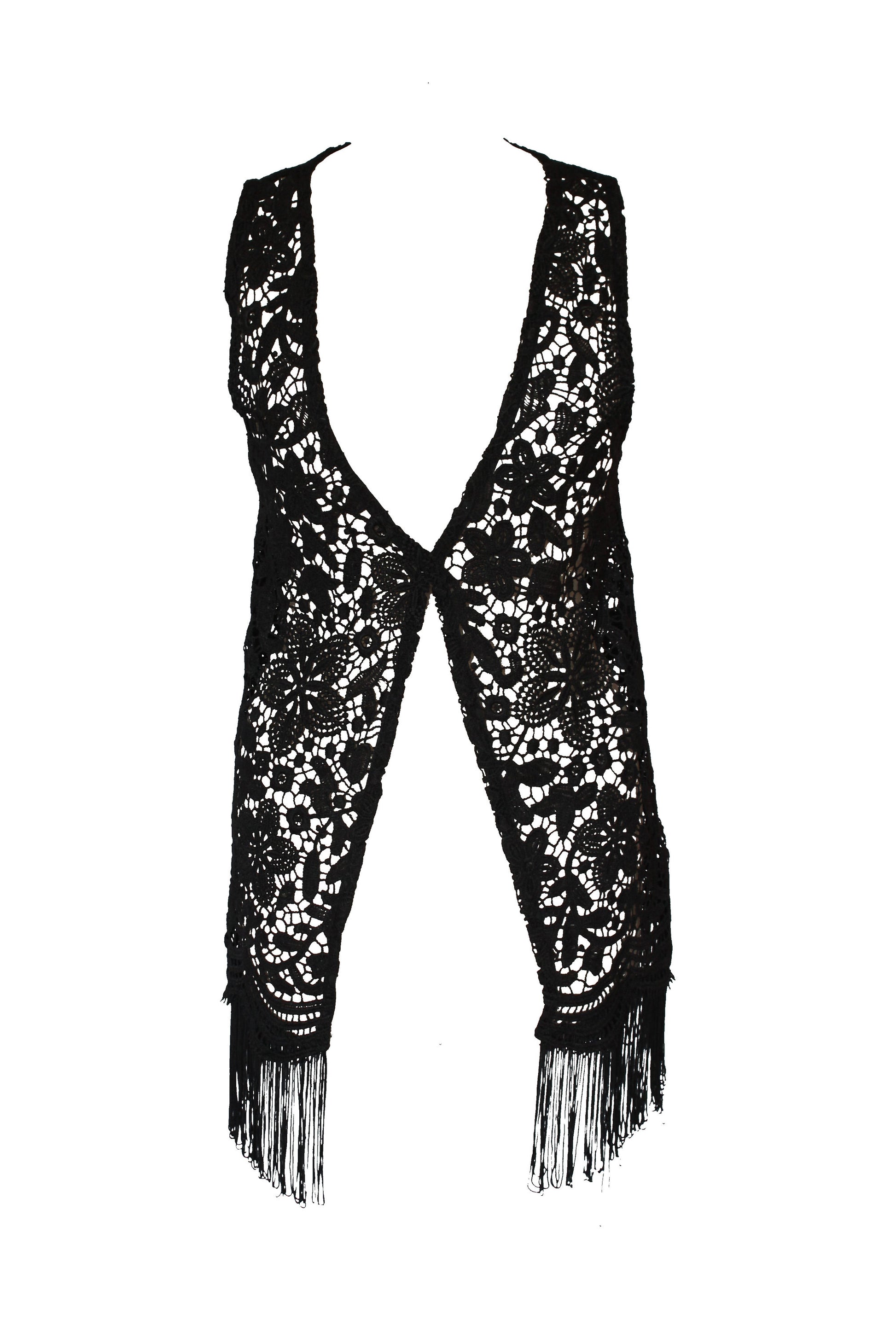 black lace crochet fringe vest boho vest fringed vest burning man vest hippie waistcoat | One size fits all!