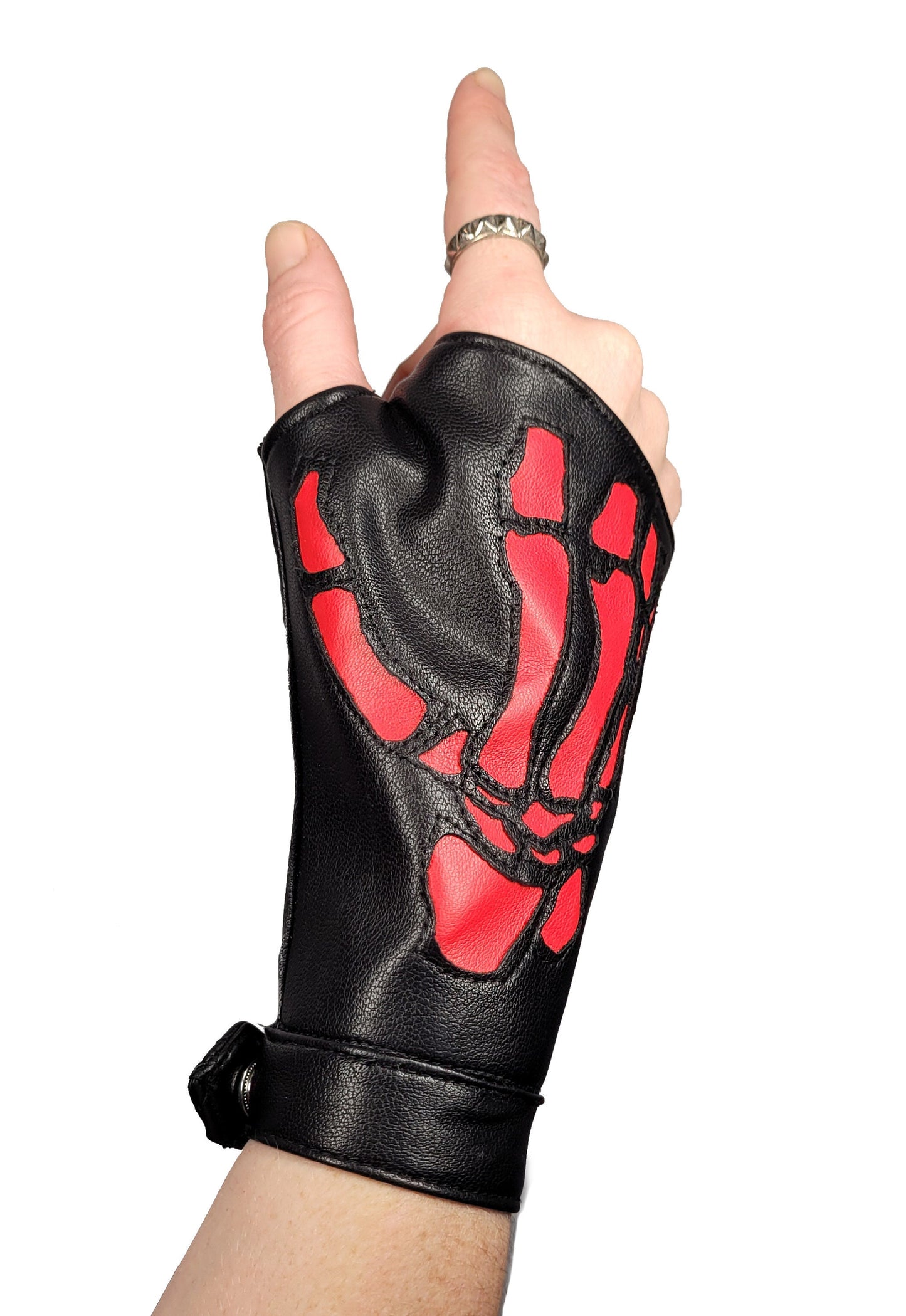 Laser cut skeleton hand glove | red black vegan leather