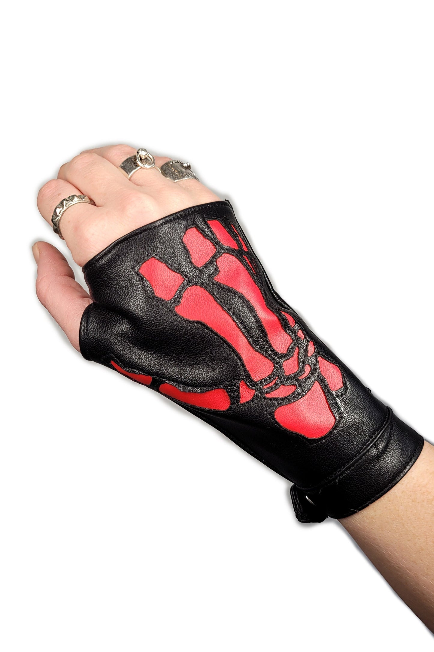 Laser cut skeleton hand glove | red black vegan leather