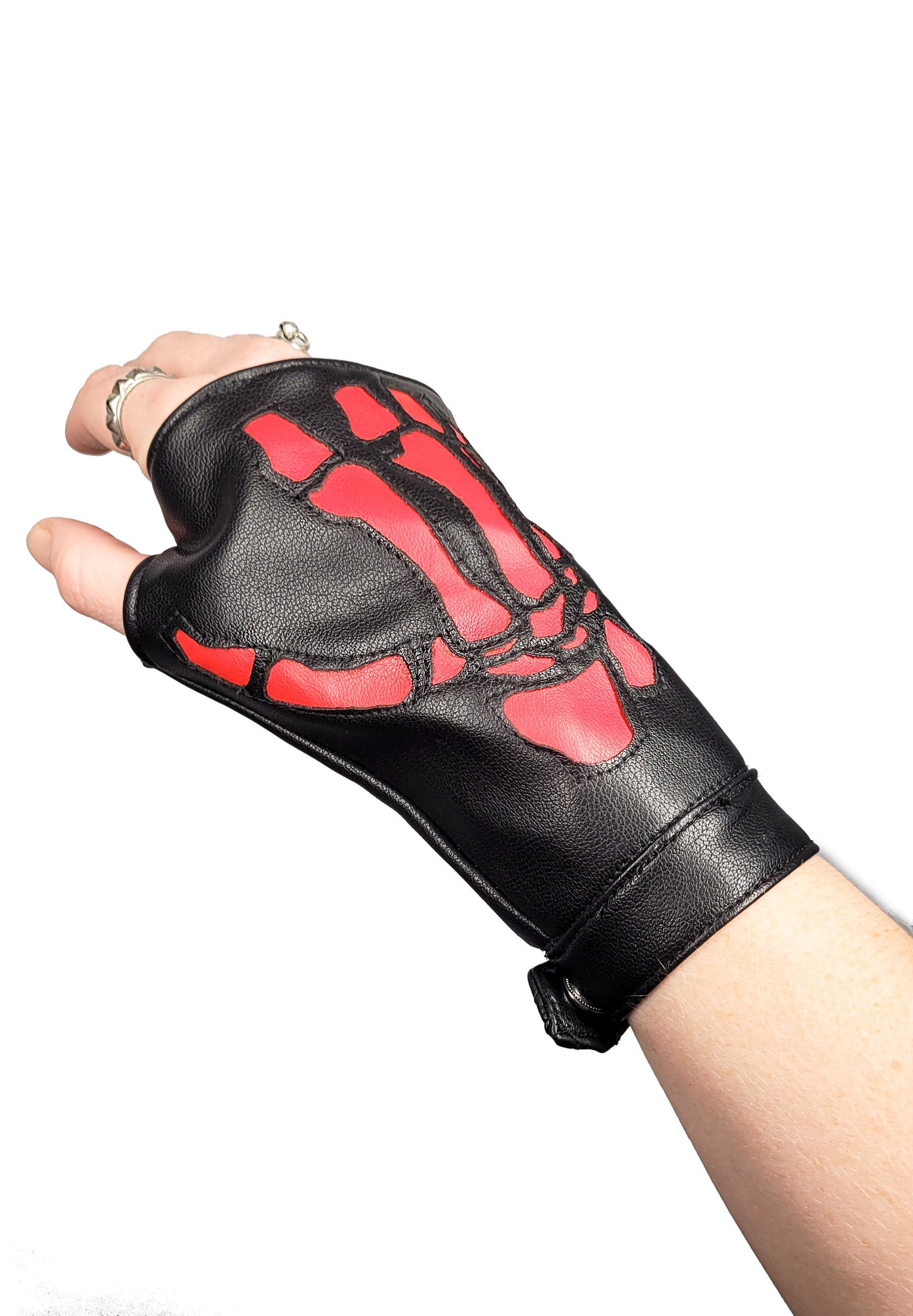 Laser cut skeleton hand glove | red black vegan leather