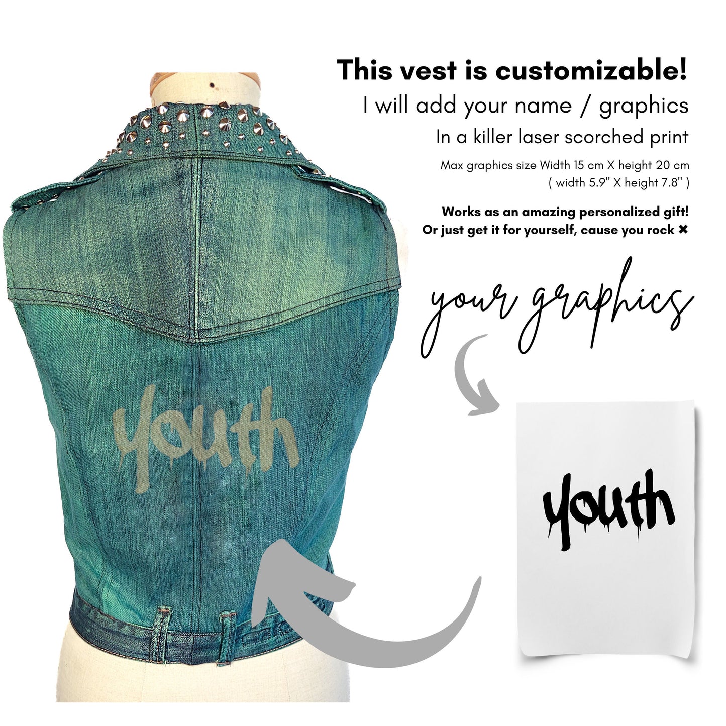 Studded n Dyed denim biker vest |  Custom vanity print to your request