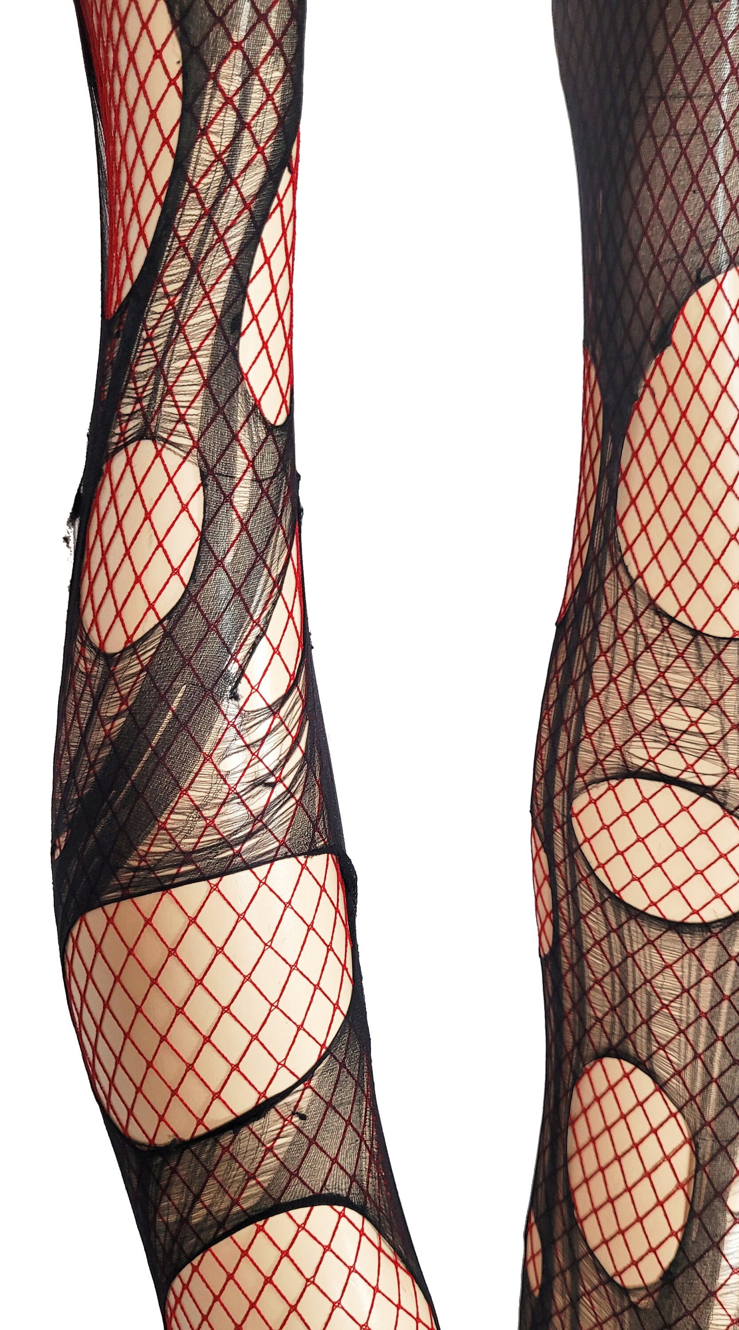 Dark red and black fishnet tights | fishnet stockings punk tights nu goth tights witch tights | double layered tattered & torn tights |