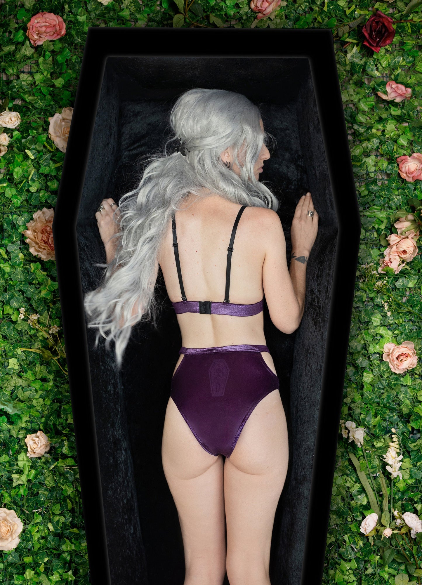 Coffin Skeleton laser etched shimmer purple velvet bra and panty lingerie set