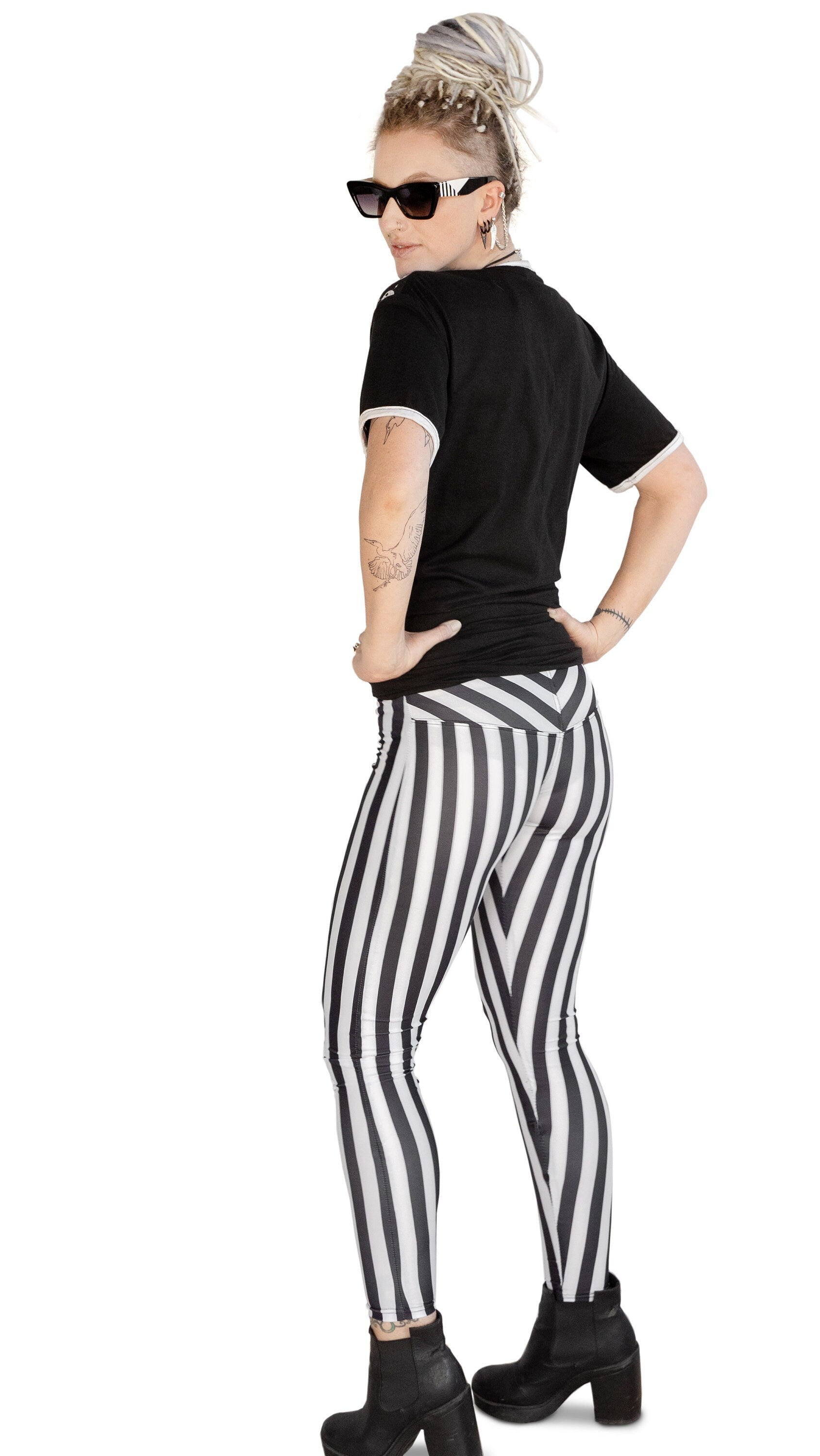 Peached Leggings in Pinstripes | Black White Stripe Jack Skellington Tights  - Dare Fashion Globe