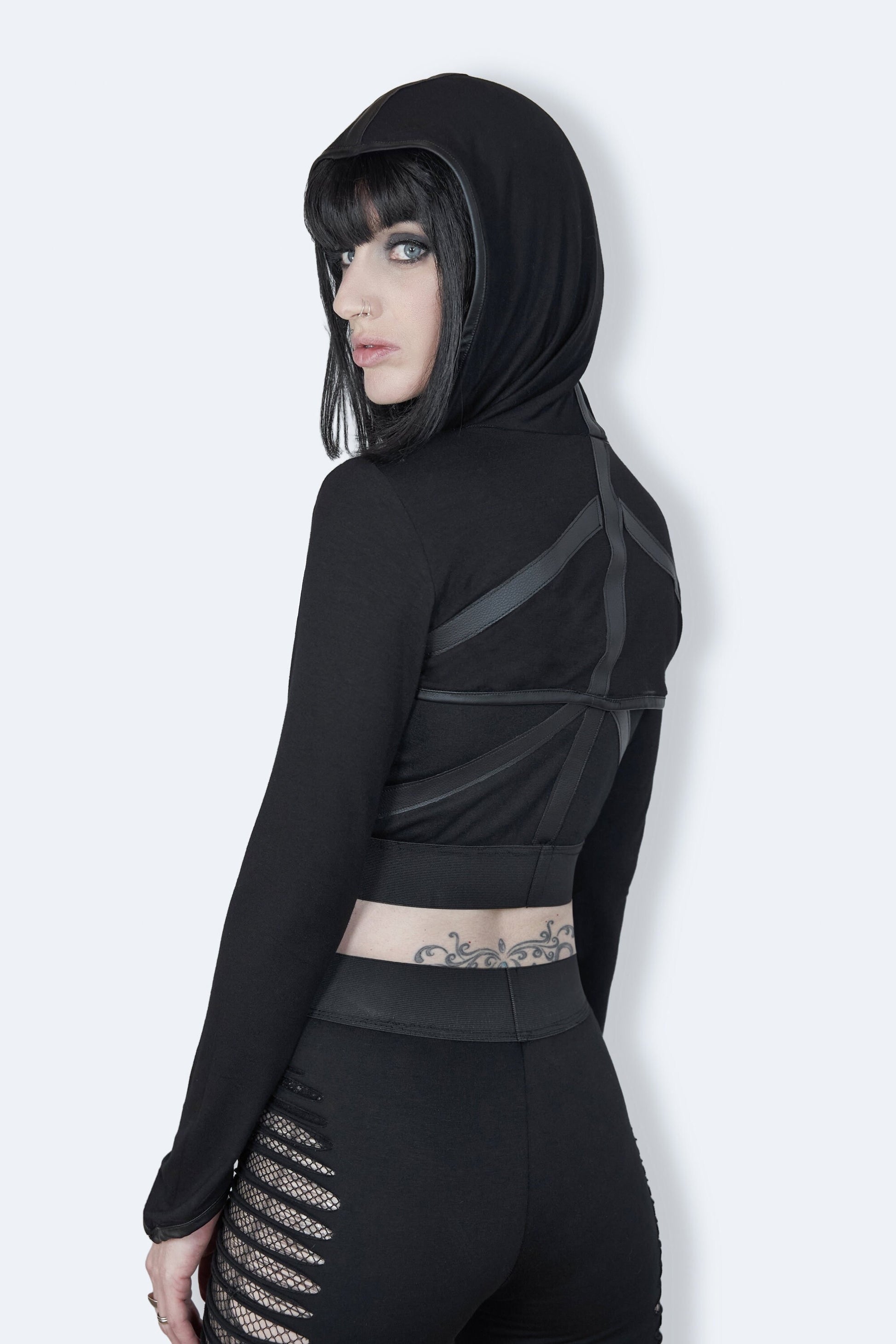 Leather harness cropped hoodie long sleeve shrug – Agoraphobix