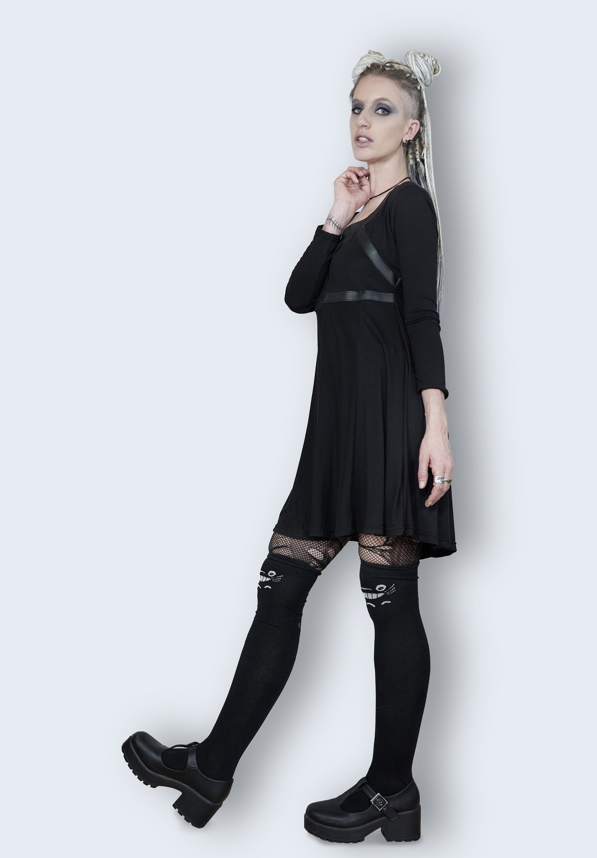 Leather harness laser engraved long sleeve baby doll dress Agoraphobix Leather harness laser engraved long sleeve baby doll dress Agoraphobix