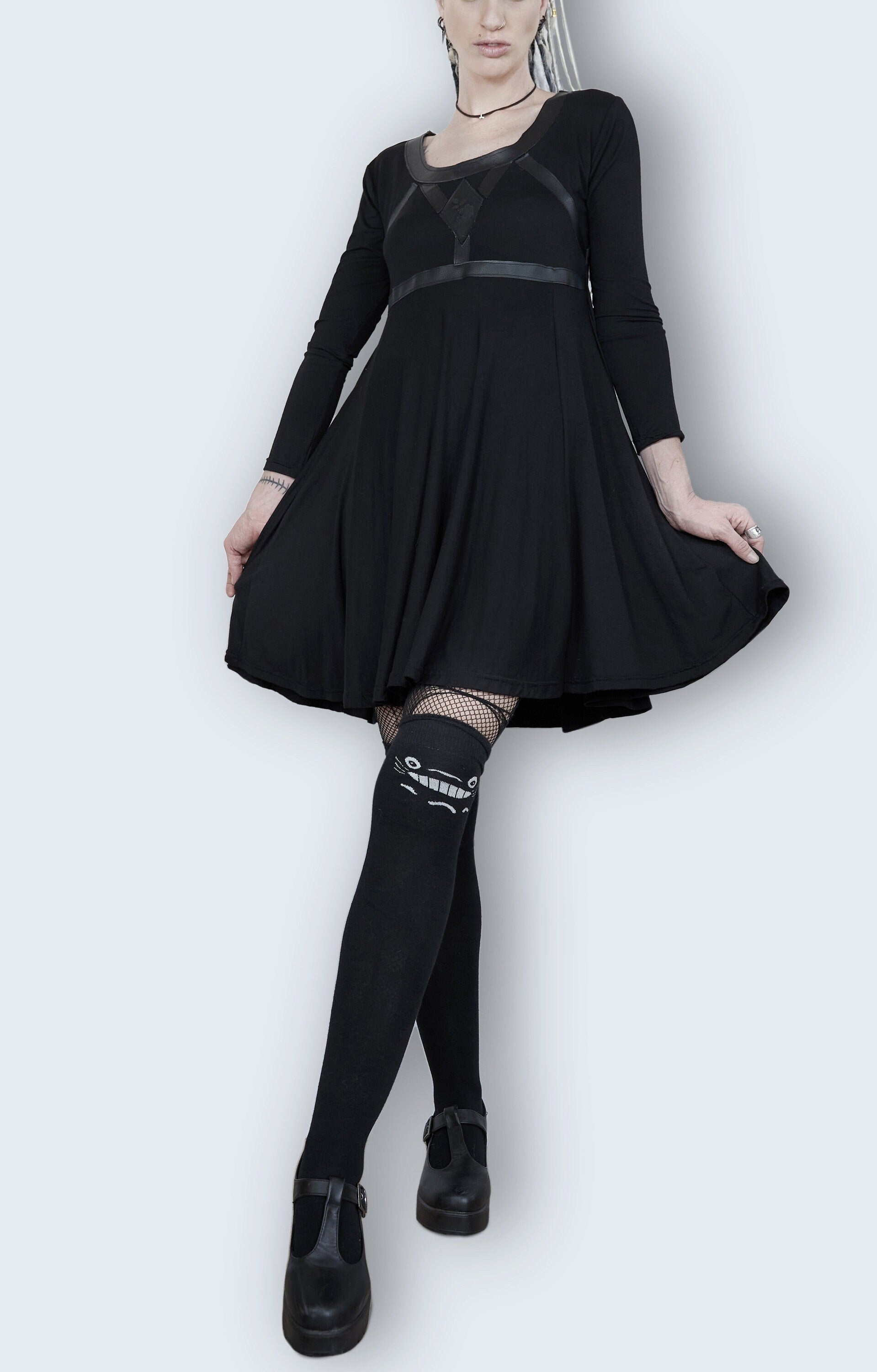 Leather harness laser engraved long sleeve baby doll dress Lightning / XS Leather harness laser engraved long sleeve baby doll dress Lightning / XS