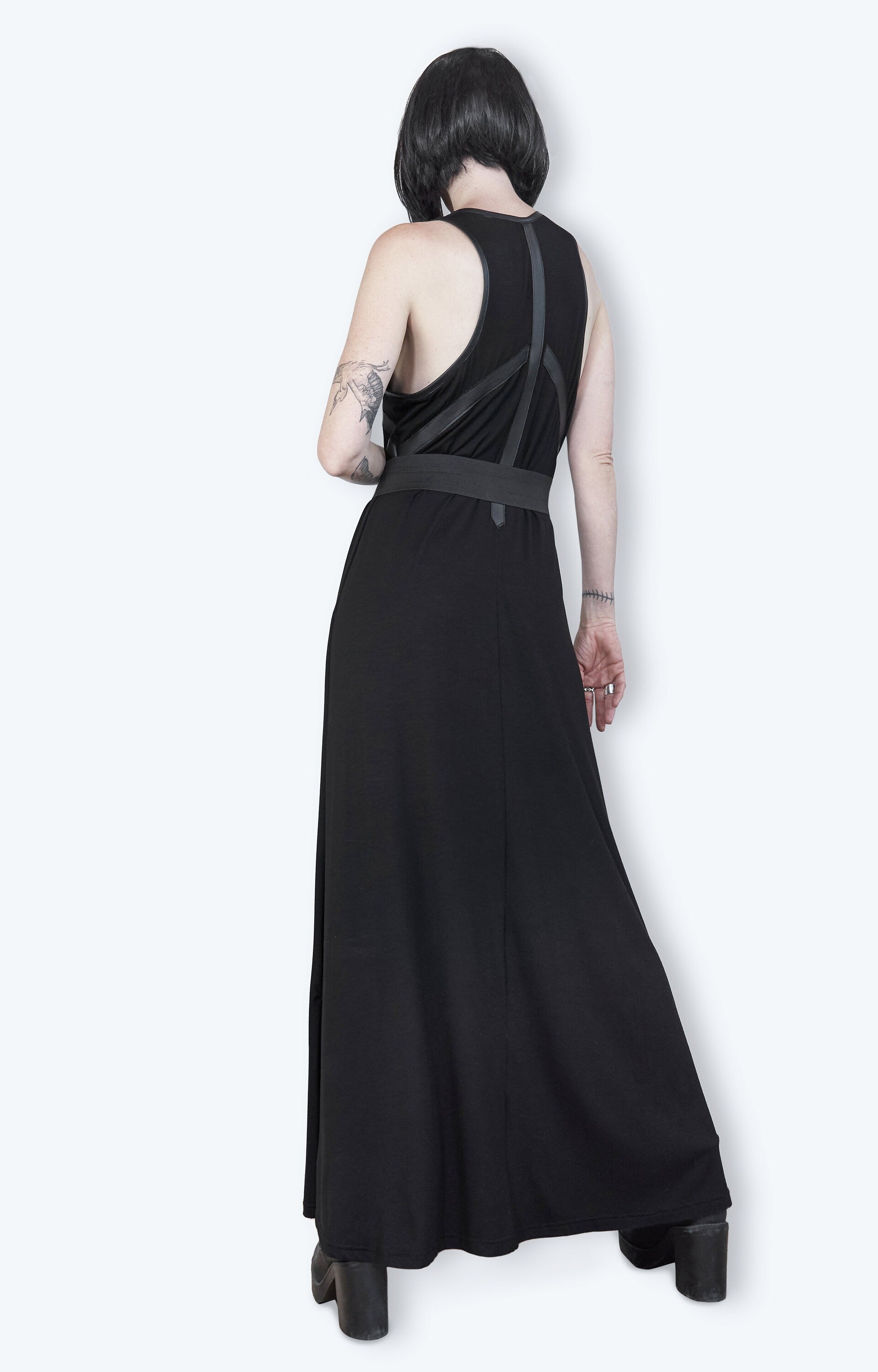 Leather harness laser engraved amulet slashed maxi dress XL / Bat Attack Leather harness laser engraved amulet slashed maxi dress XL / Bat Attack