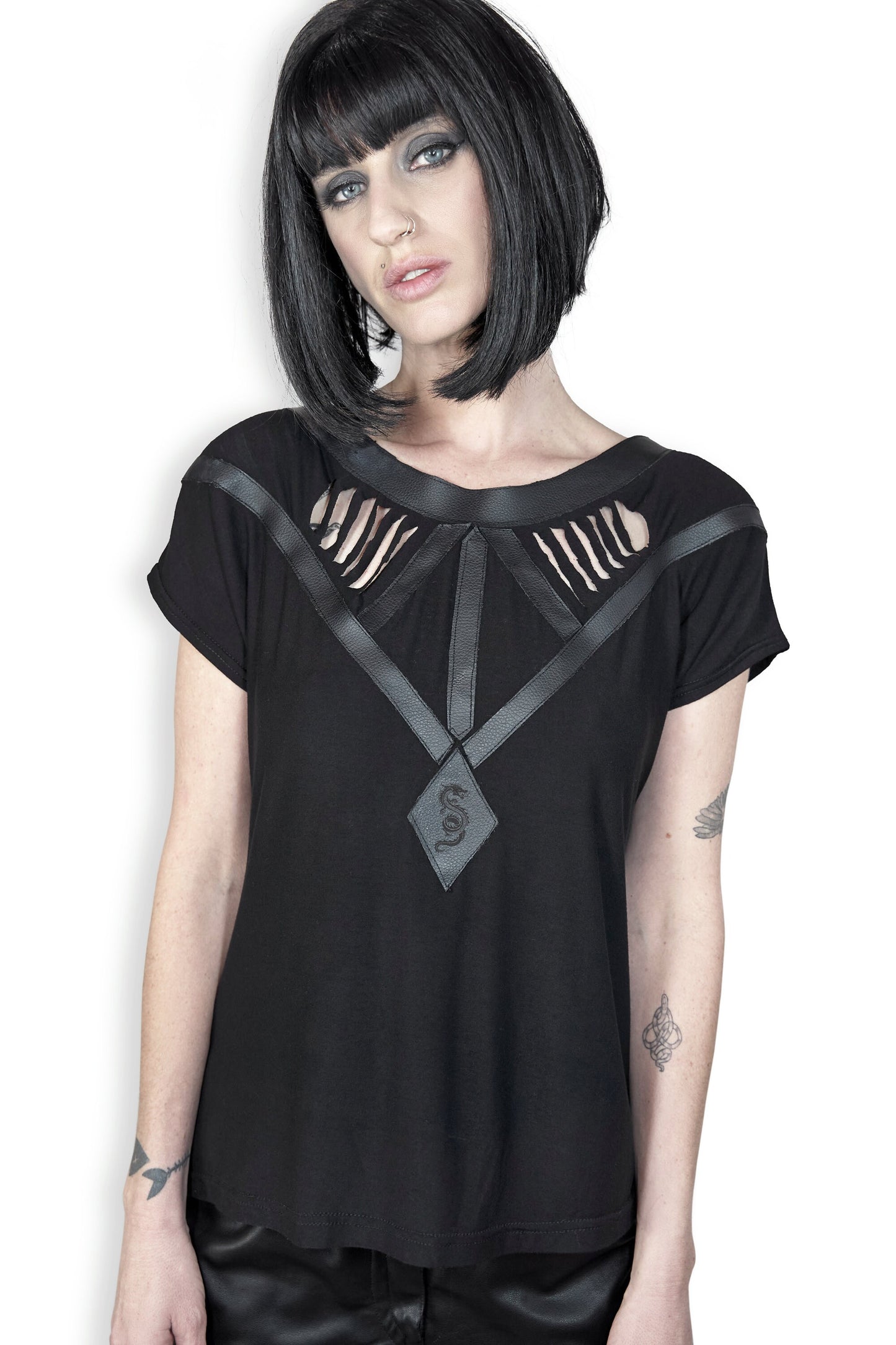 black cut out shirt summer goth top | leather shirt occult shirt dark academia shirt | alt shirt goth streetwear top