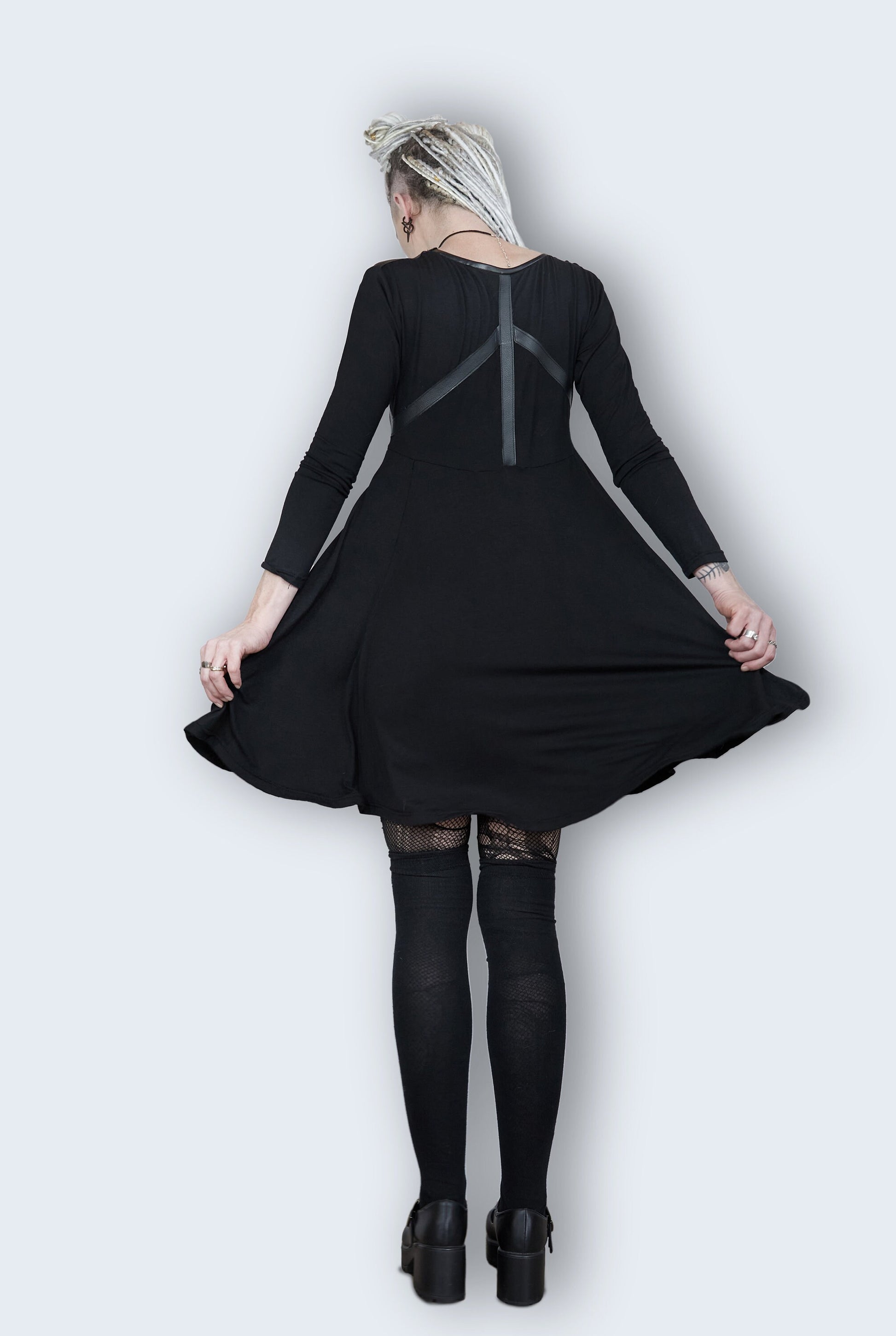 Leather harness laser engraved long sleeve baby doll dress Agoraphobix Leather harness laser engraved long sleeve baby doll dress Agoraphobix