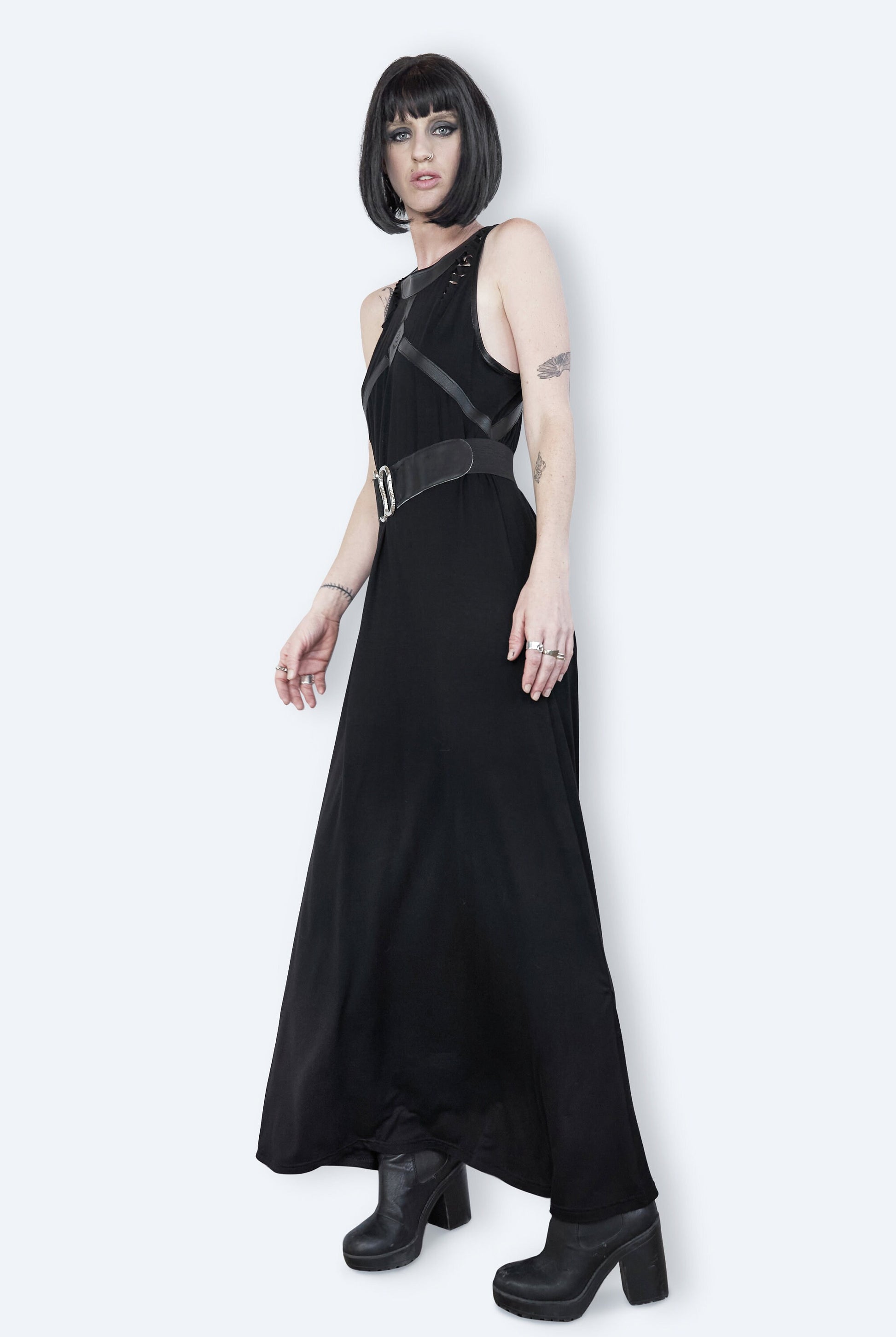 Leather harness laser engraved amulet slashed maxi dress Agoraphobix Leather harness laser engraved amulet slashed maxi dress Agoraphobix