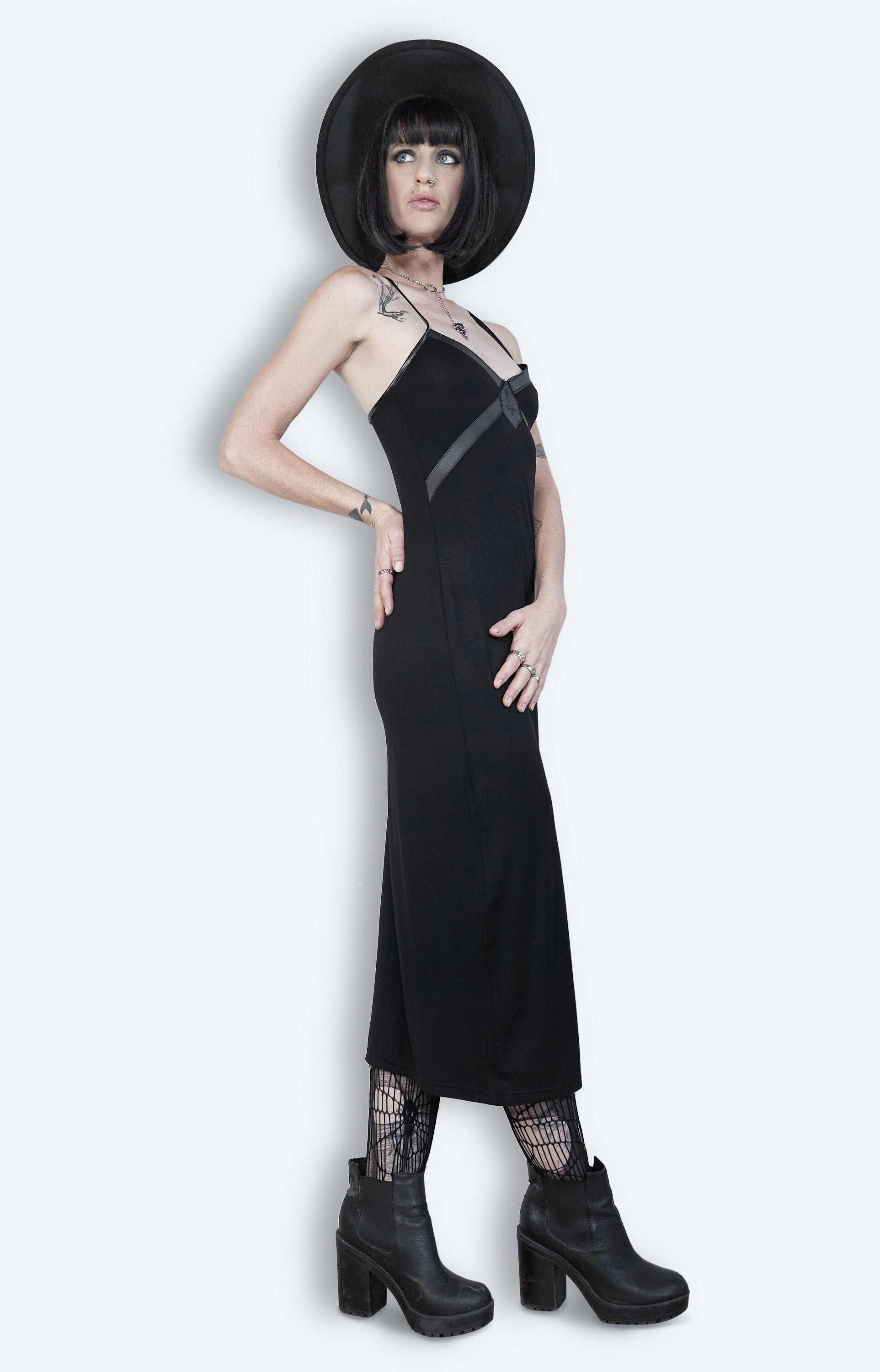 gothic leather dress Leather harness laser engraved Black slip dress XS / Ribcaged