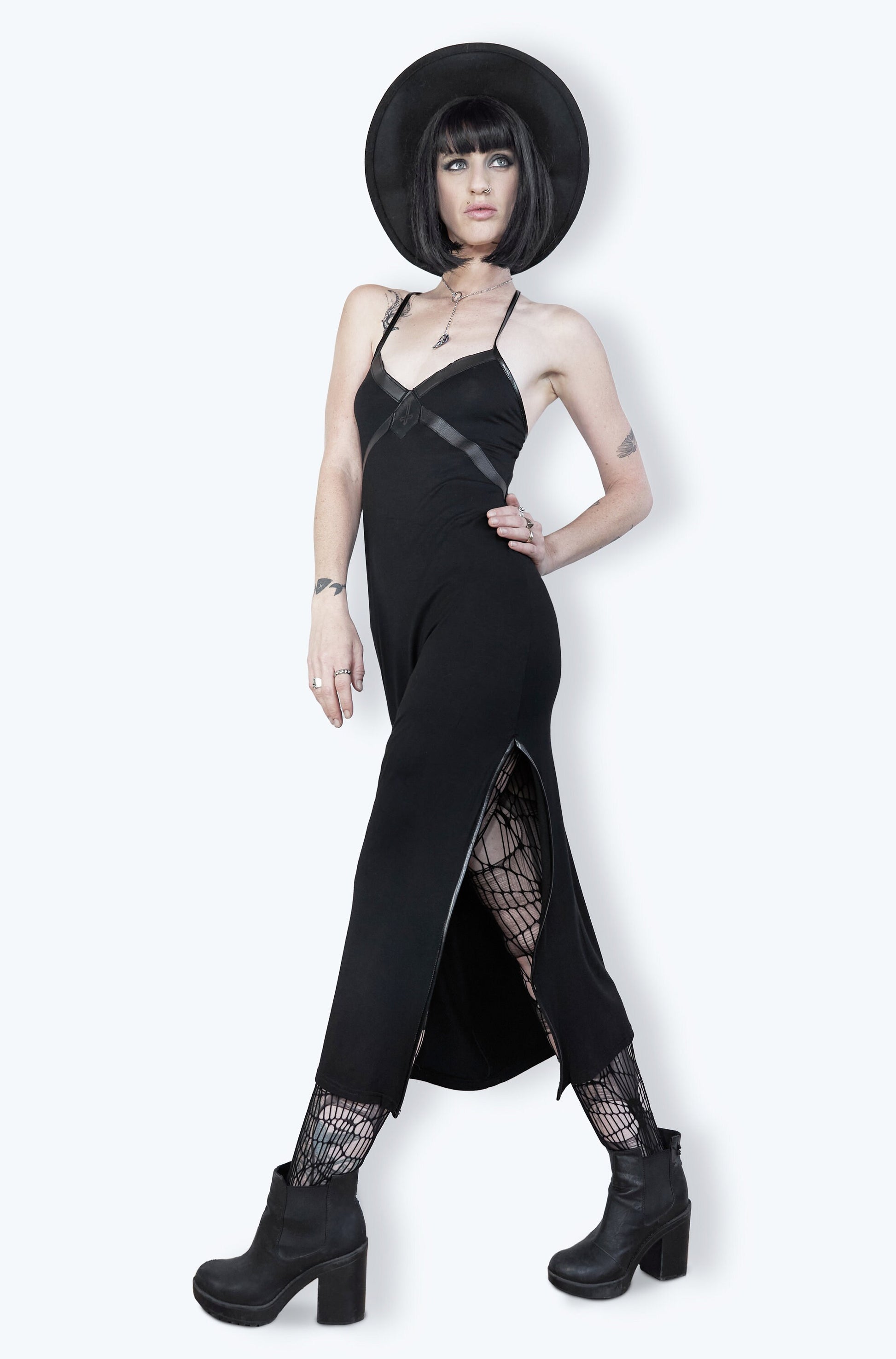 black leather slip dress Black Slip Dress & Faux Leather Trench Coat