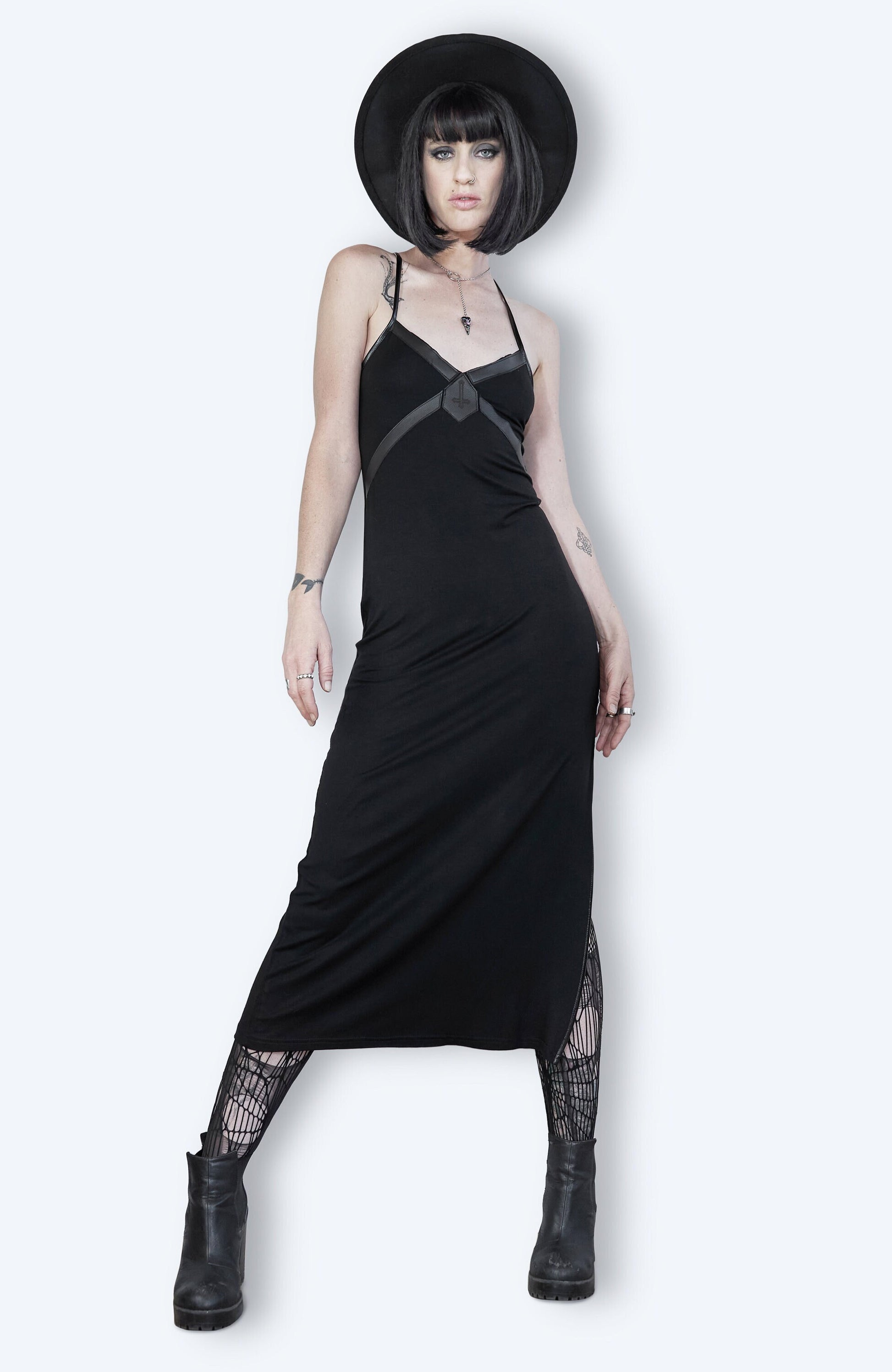 Leather harness laser engraved Black slip dress Agoraphobix Leather harness laser engraved Black slip dress Agoraphobix