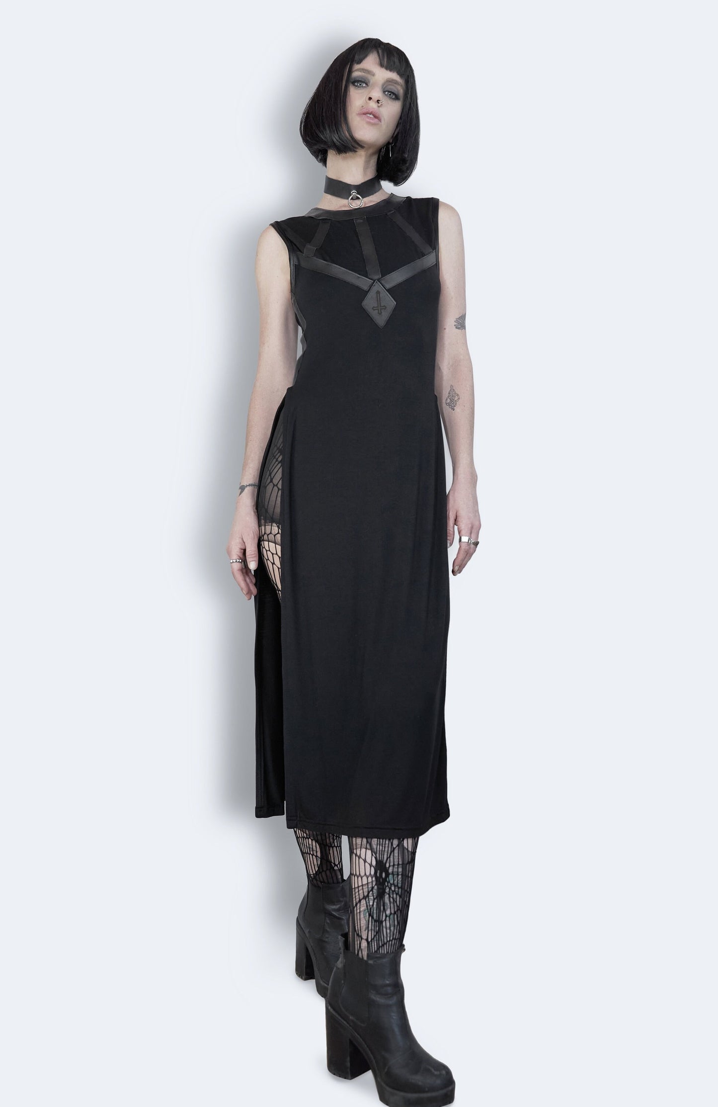 black leather dress warrior dress high slit dress goth harness dress | goth dress gothic dress | dark academia witch dress