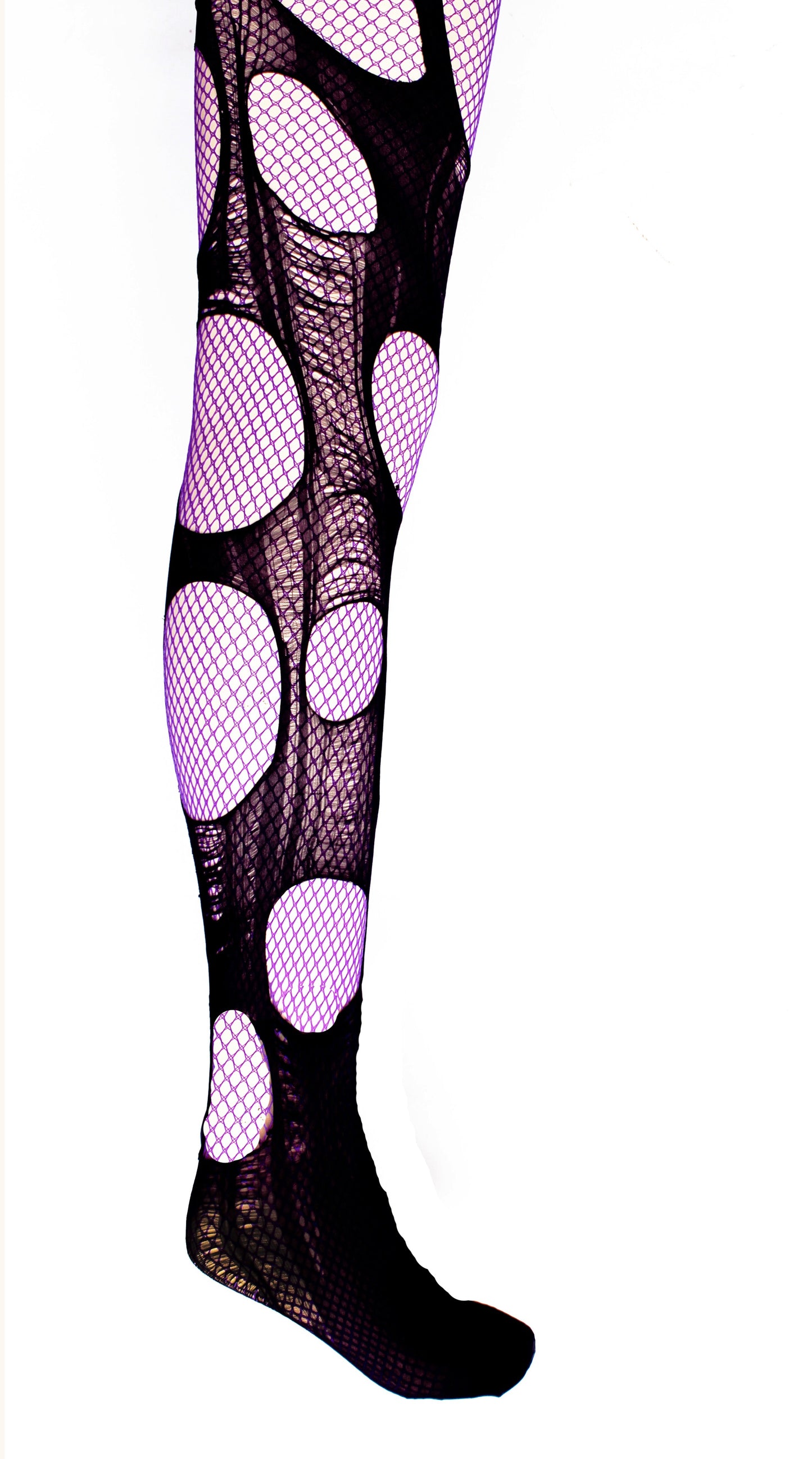 Double layered tattered & torn Purple | Black fishnet tights