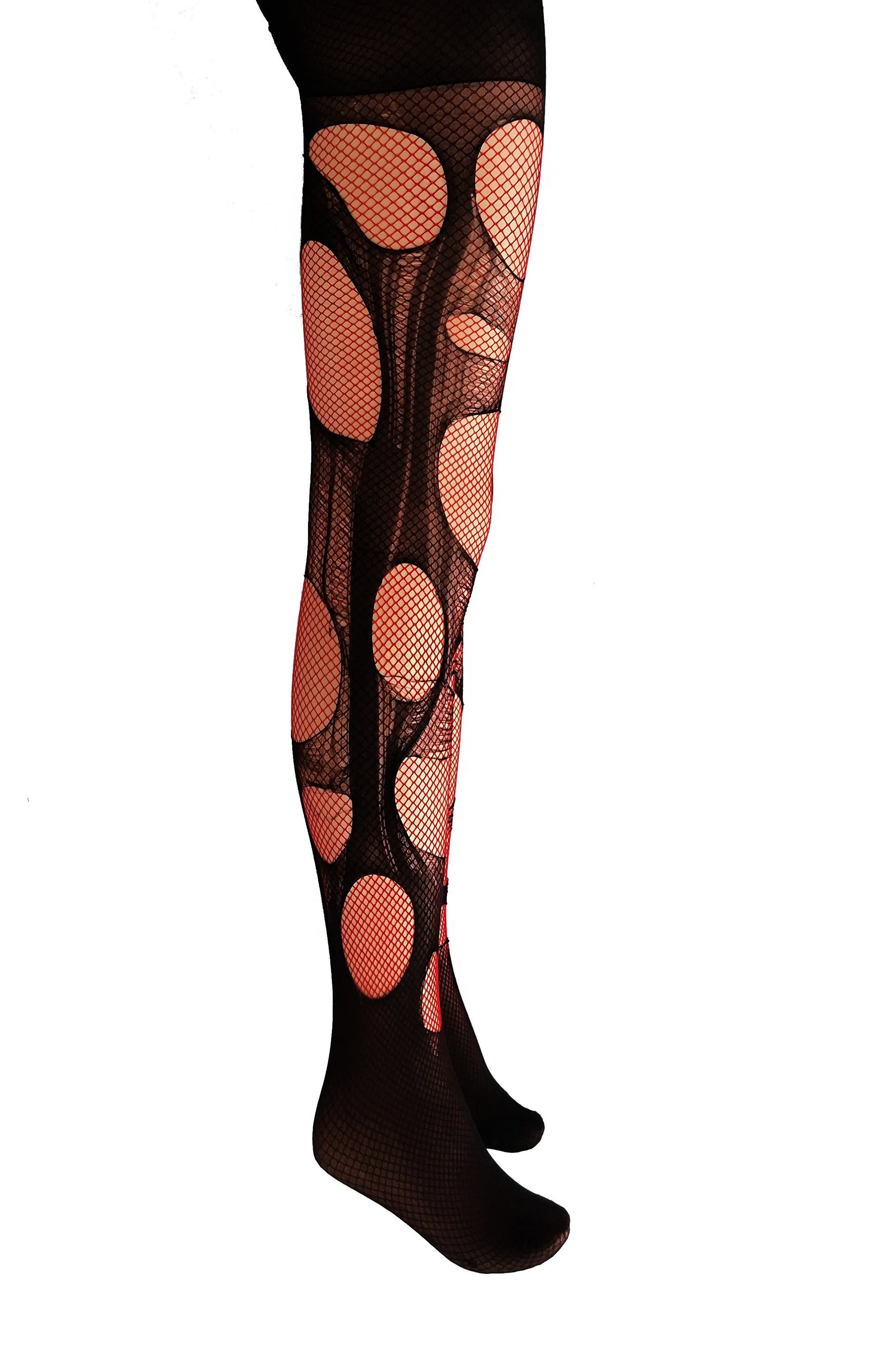 Double layered Black  Red tattered & torn fishnet tights