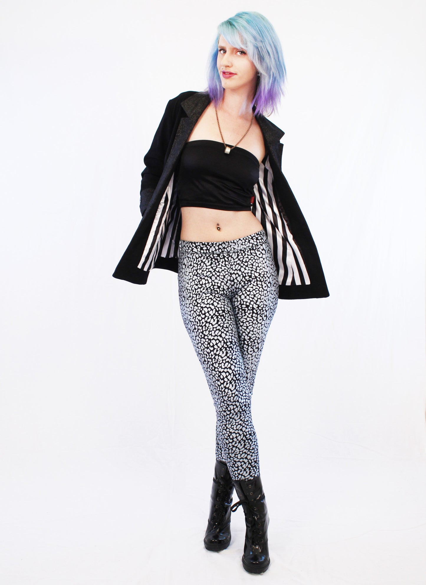 black boyfriend blazer with shiny spandex leggings soft grunge silver leopard leggings leopard print leggings  