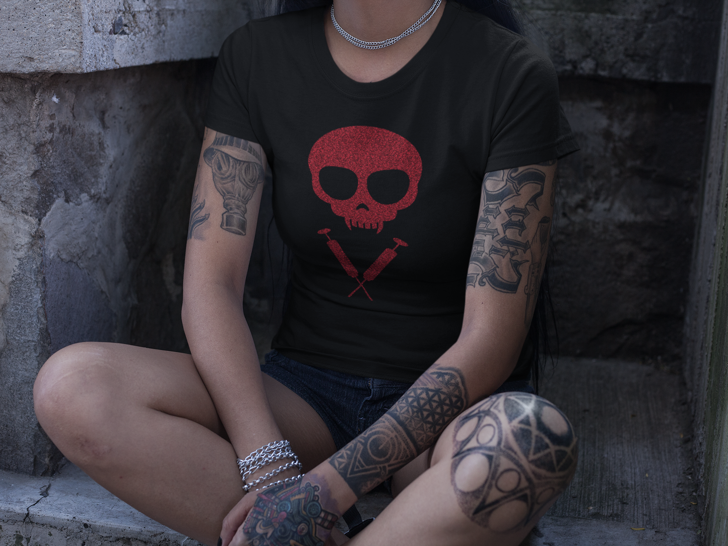 Unisex Glitter vampire skull print T shirt